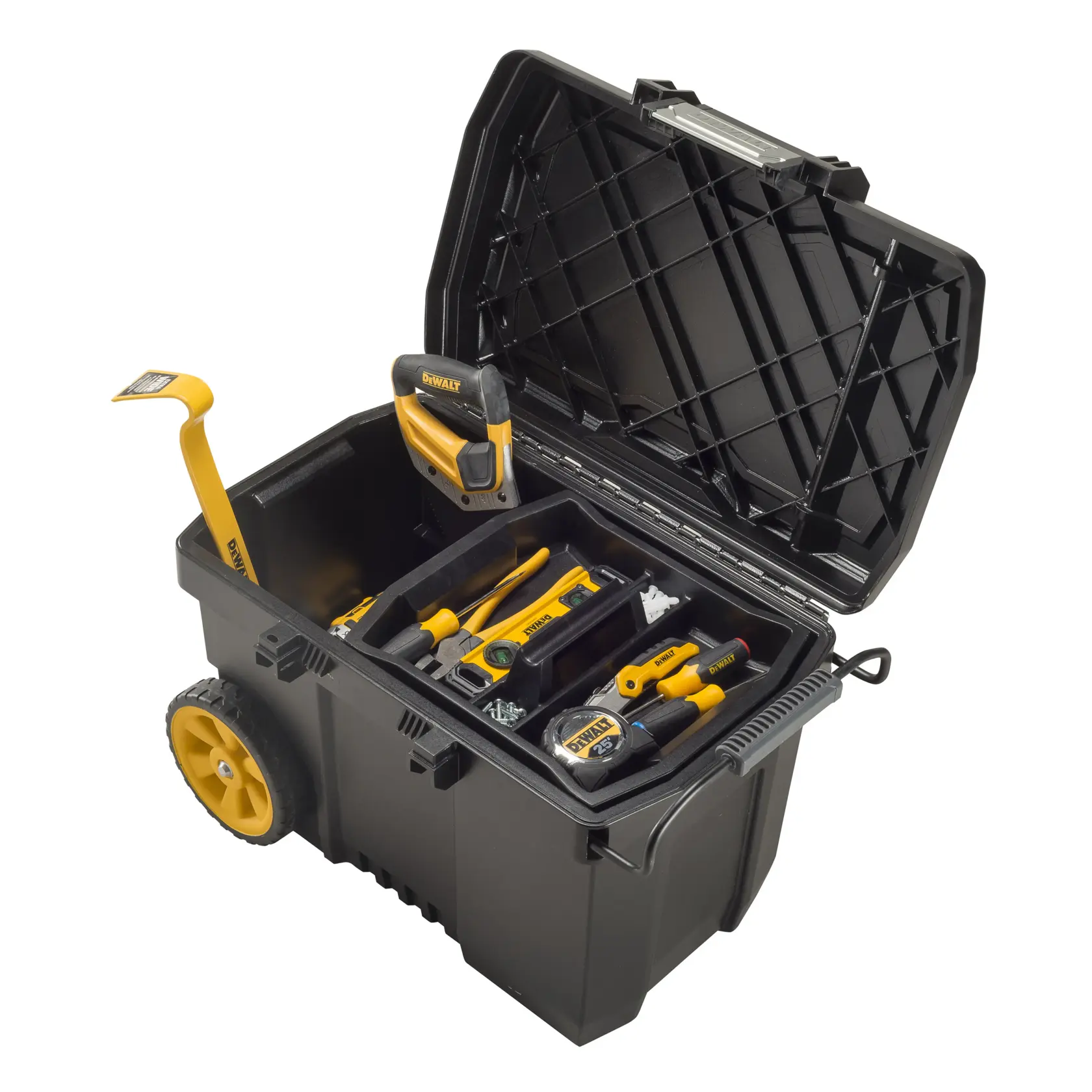 A black wheeled toolbox with a hinged lid open, containing various yellow and black hand tools and accessories, including a tape measure, hammer, crowbar, and level. The tools are arranged neatly in removable tray compartments.