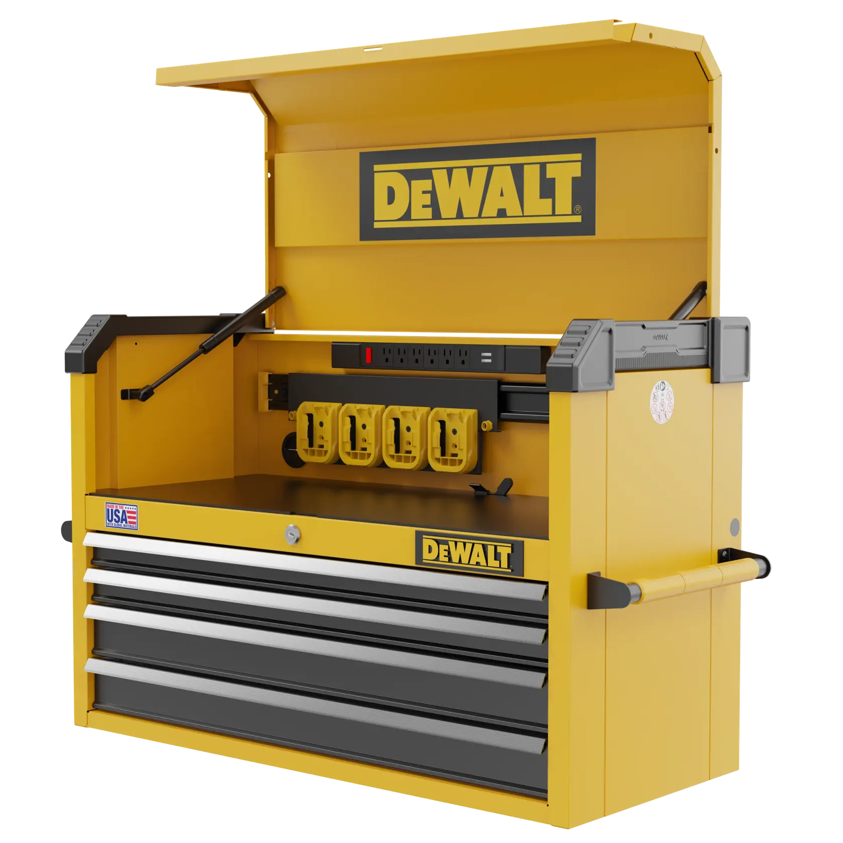 A yellow DEWALT tool chest with an open lid, featuring multiple drawers, a power strip with four outlets, and a workspace inside. The chest has handles on the side and a USA flag sticker on the front.