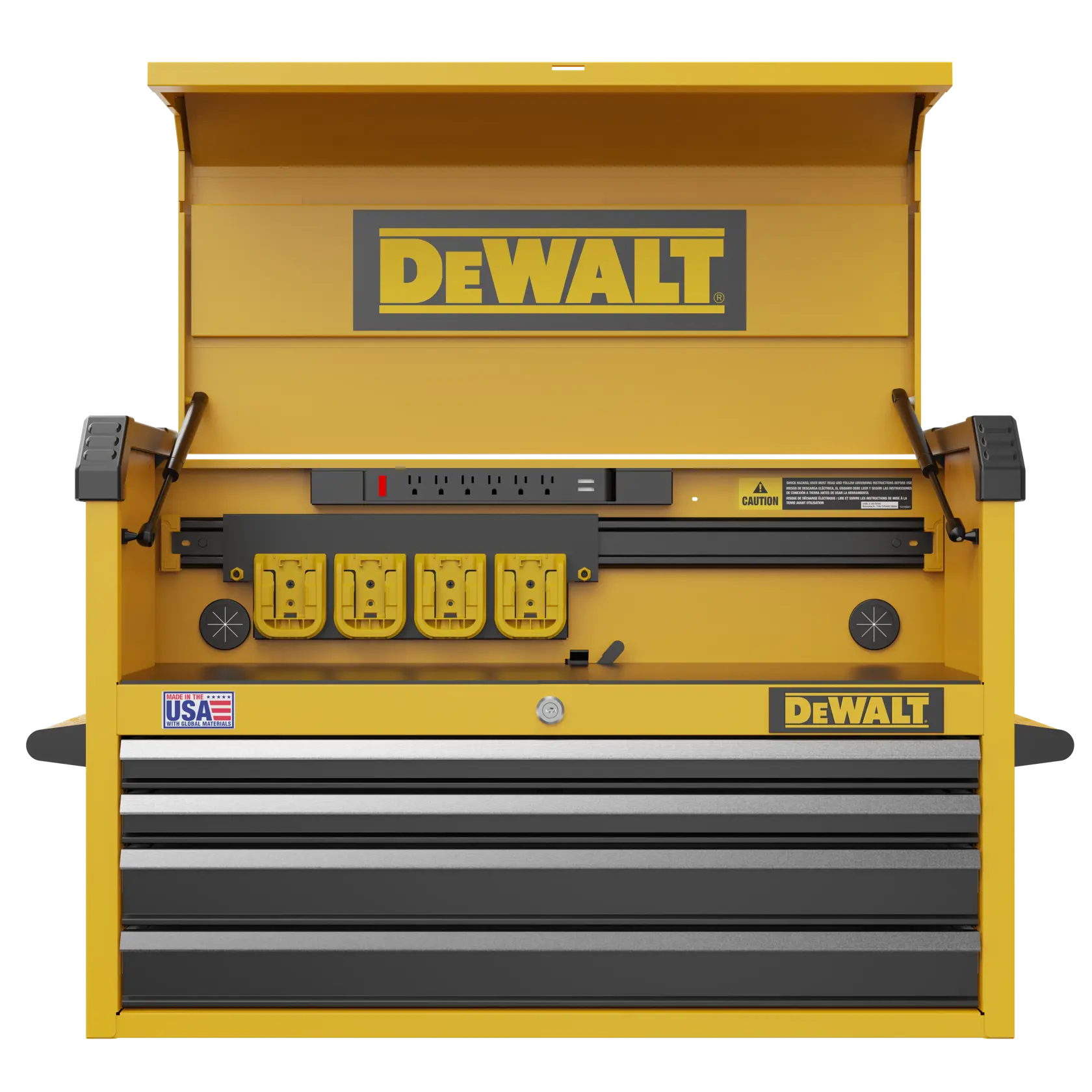 A yellow DEWALT tool chest with multiple drawers and an open top compartment. The chest features three electrical outlets, several switches, and safety stickers. The DEWALT logo is prominently displayed, and a USA label is visible on the bottom left.