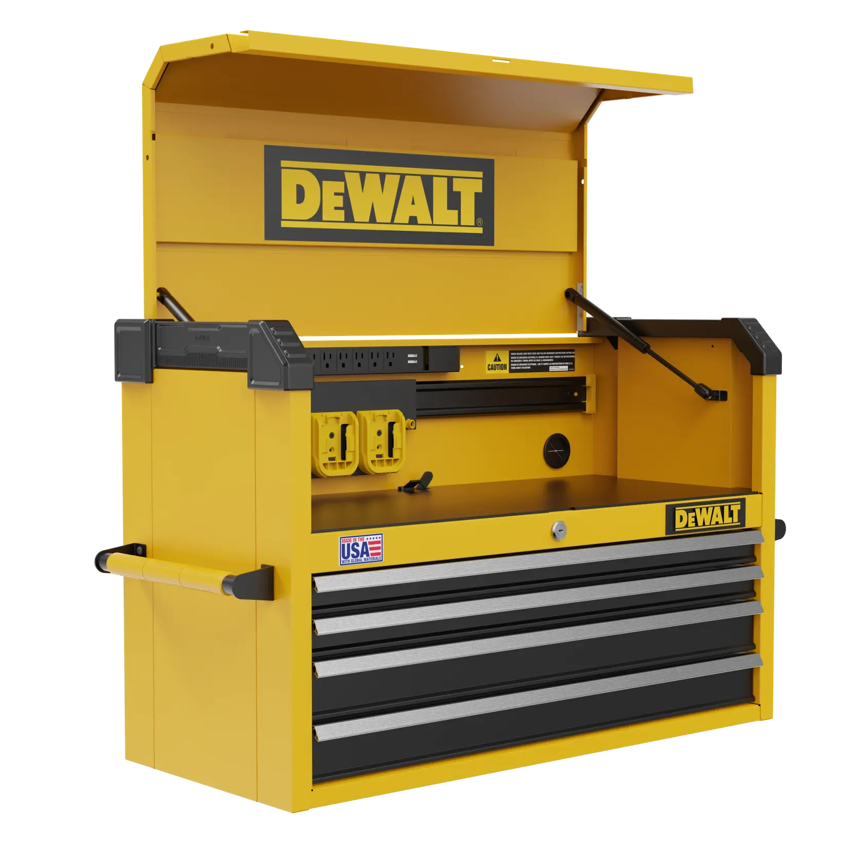 Yellow DEWALT tool chest with an open lid, four drawers, and built-in power outlets. The chest features the DEWALT logo and has side handles for mobility.