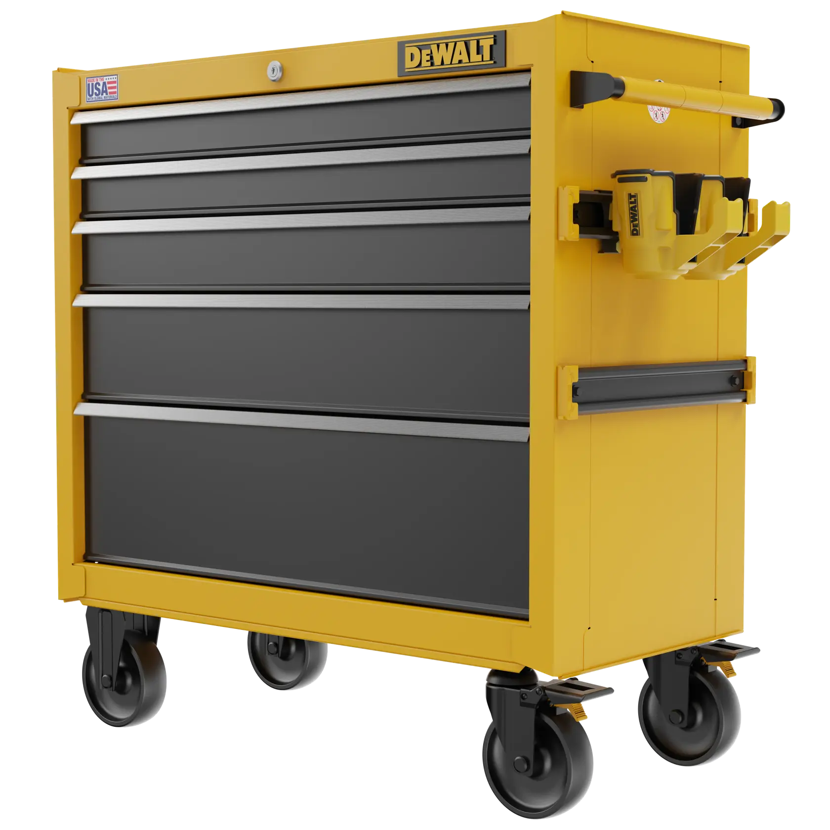 A DEWALT branded yellow and black rolling tool chest with multiple drawers, mounted on four heavy-duty caster wheels. The side features a mounted tool holder and a handle for moving the chest. There is a USA flag sticker and a DEWALT logo on the front.