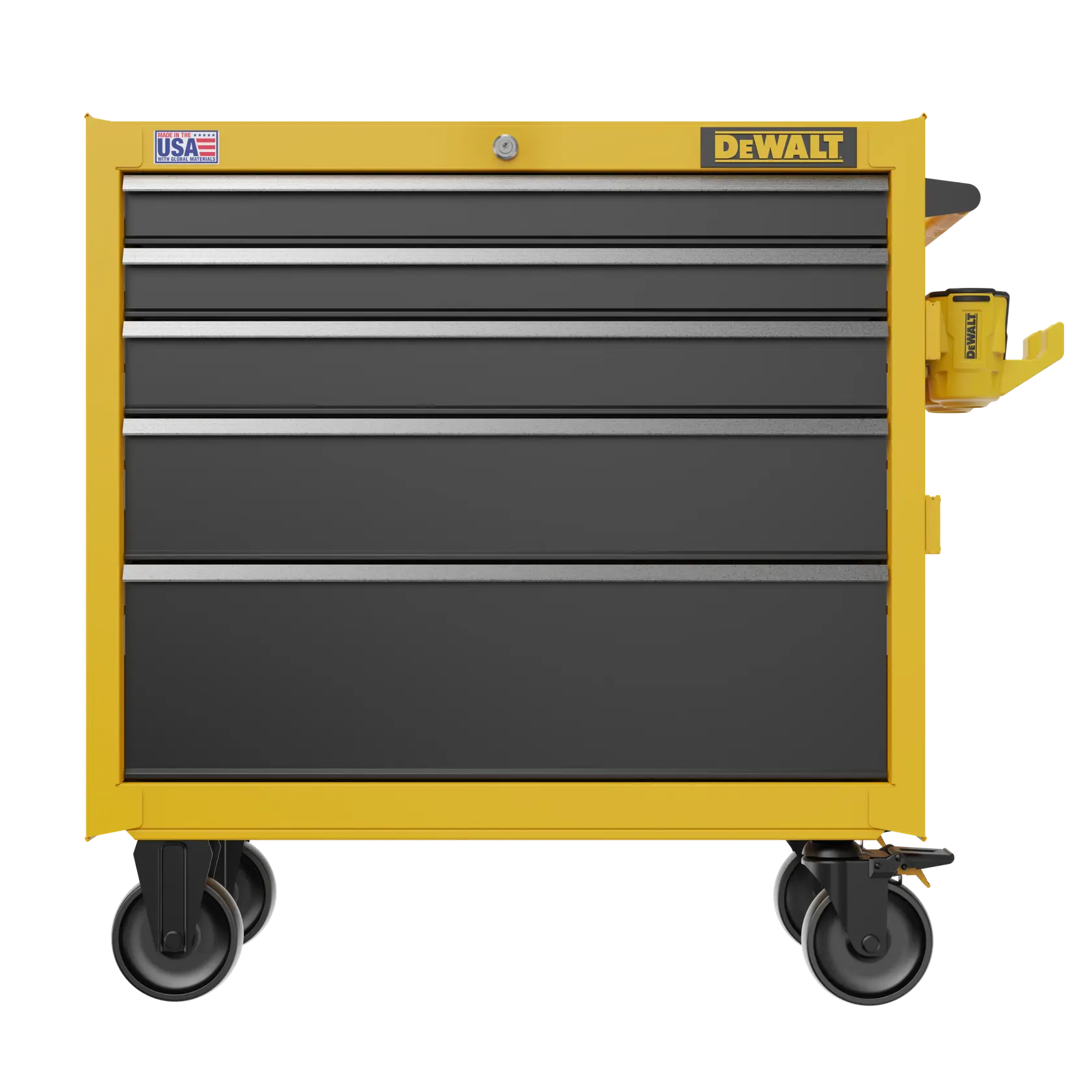 Yellow and black DEWALT mobile tool chest with four drawers, locking mechanism, cup holder attachment, caster wheels, and a USA manufacturing sticker on the top left corner.