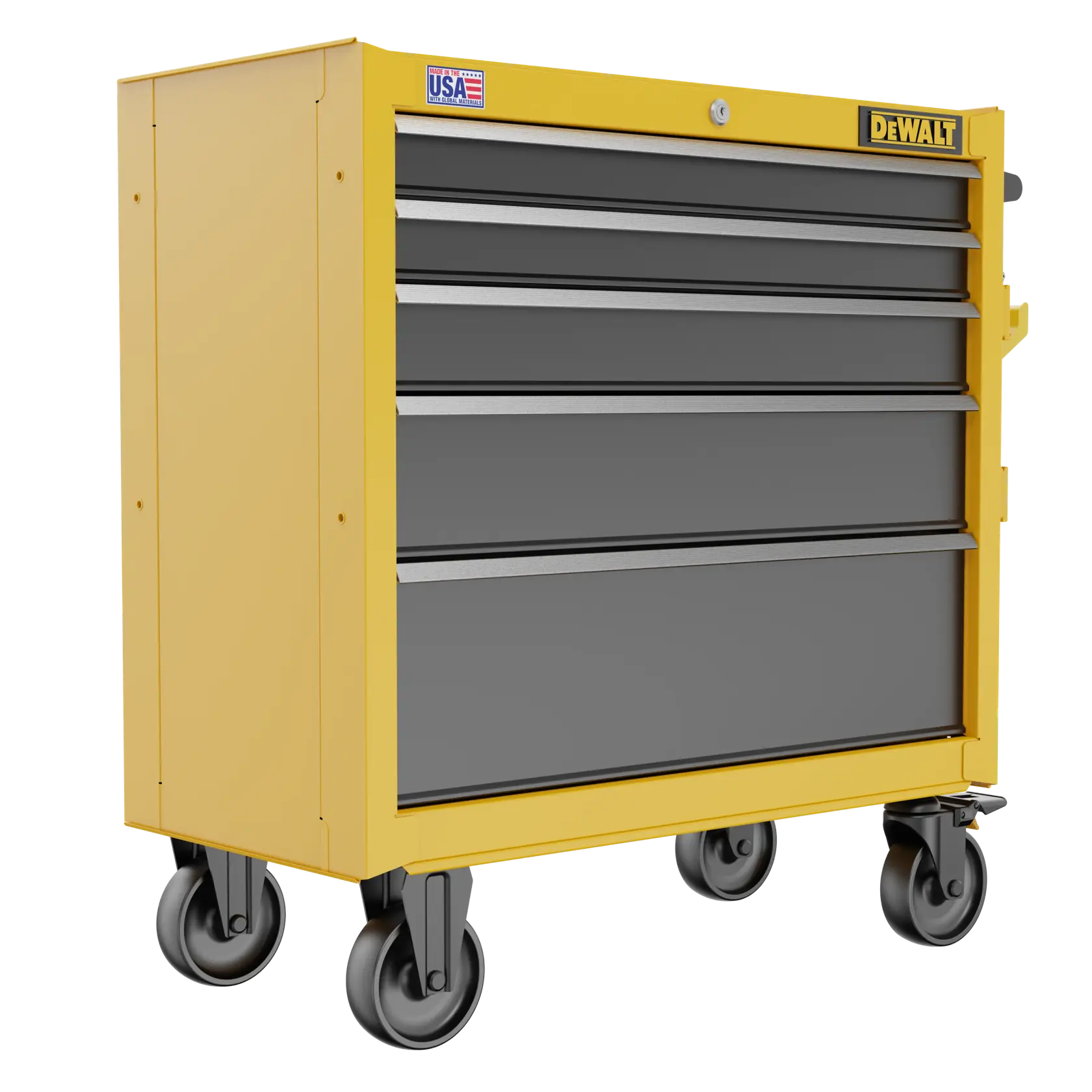 A yellow and gray DEWALT rolling tool chest with four drawers and wheels, designed for storage and mobility. The chest features a USA label and a lock on the top drawer.
