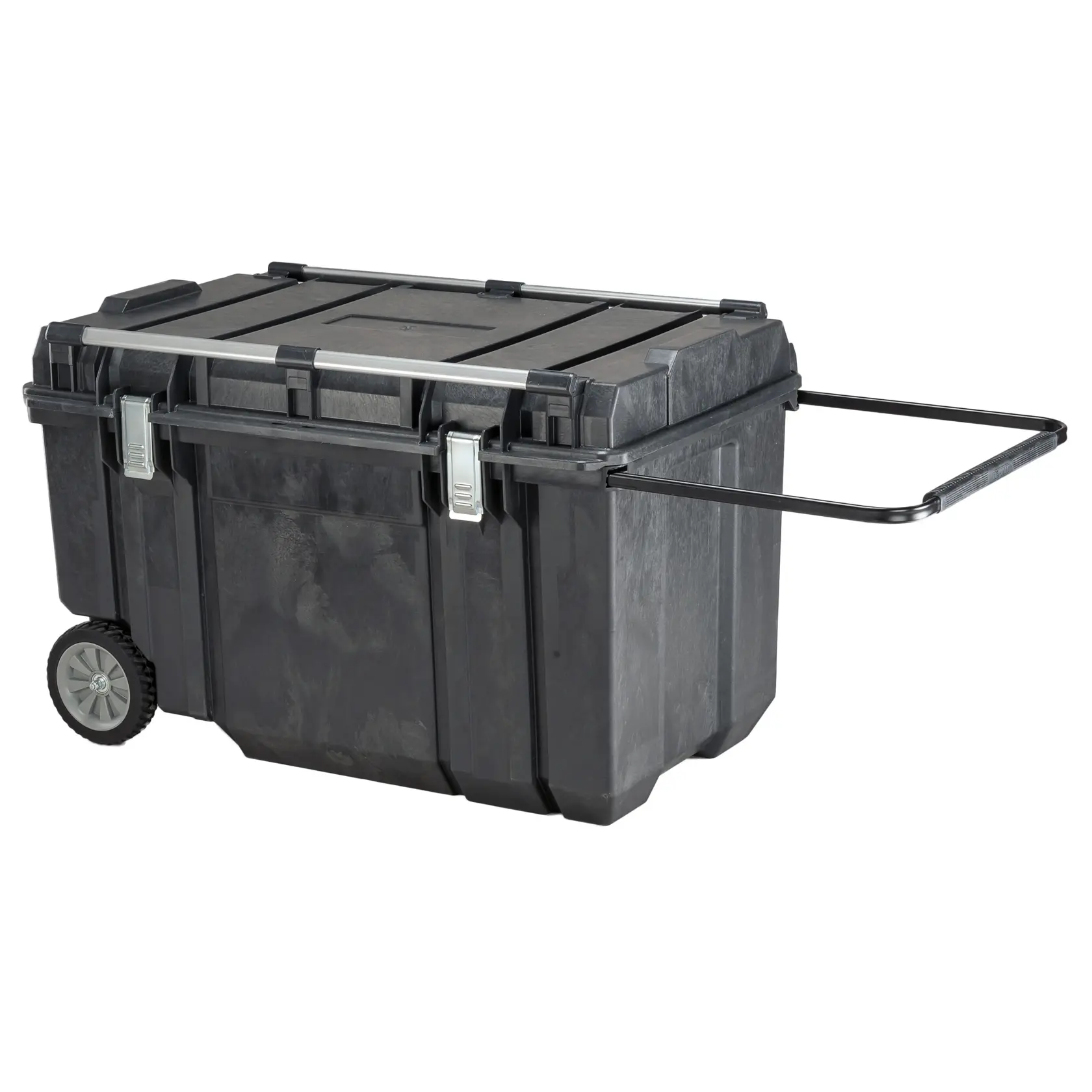 A black, heavy-duty DEWALT rolling tool chest with metal latches, side handles, a sturdy lid, and two wheels. The chest features an extended metal pull handle for easy transport.