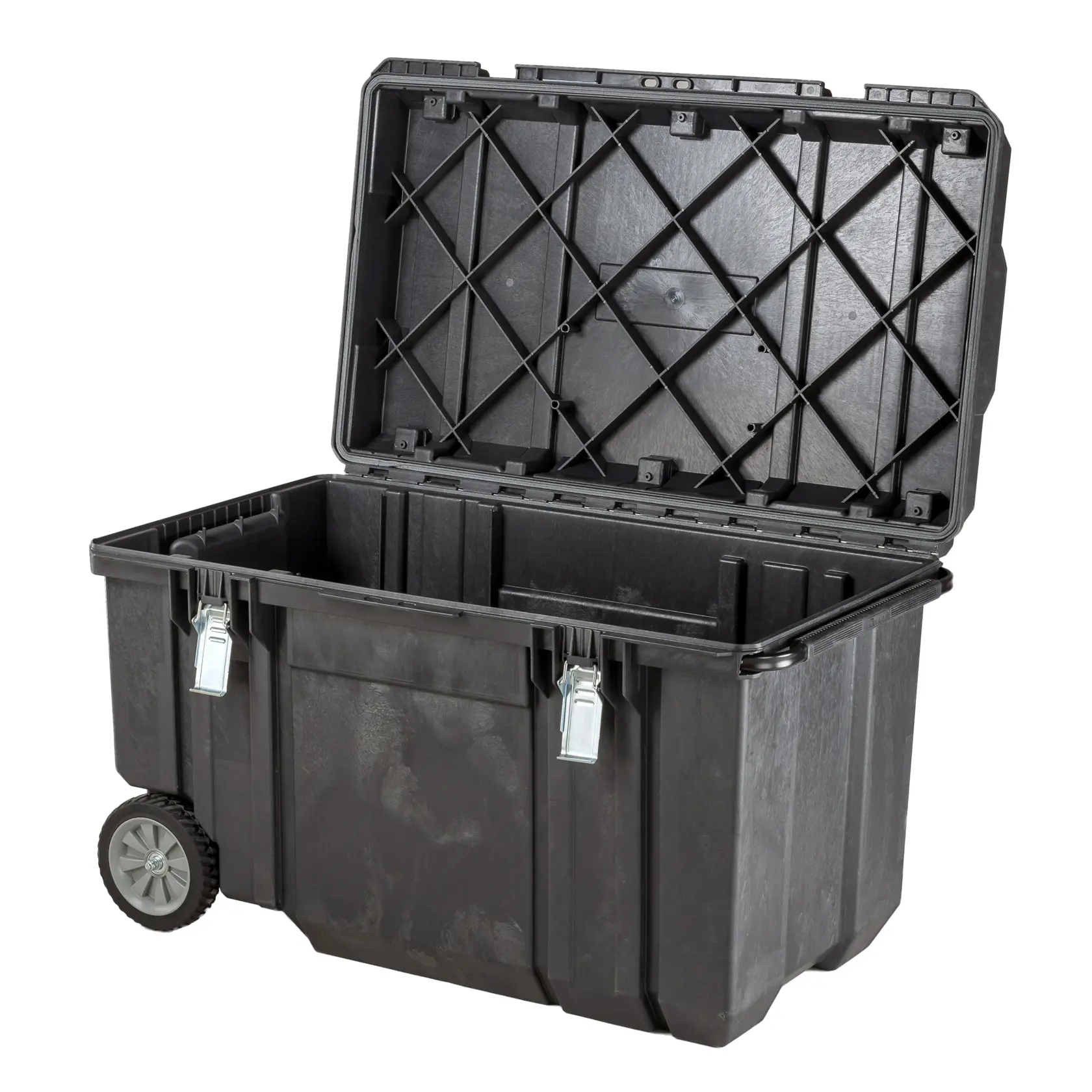 Large black wheeled storage box with an open lid, metal latches, and rugged design for heavy-duty use.