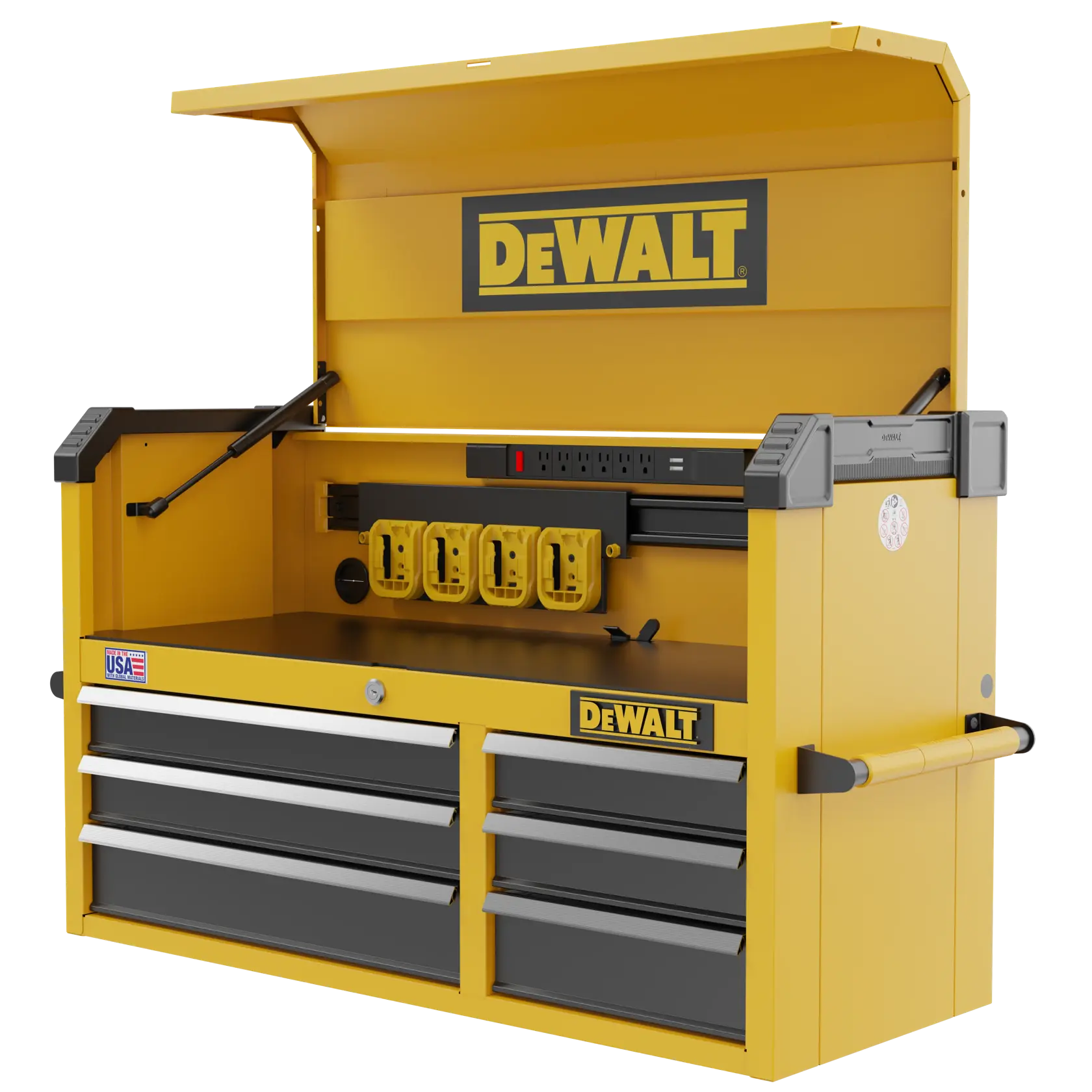 A yellow DEWALT tool storage chest with an open lid, featuring multiple drawers, side handles, electrical outlets, and a DEWALT logo on the front and inside. The chest has a power strip and outlets mounted on the back wall and a USA flag sticker on the front.