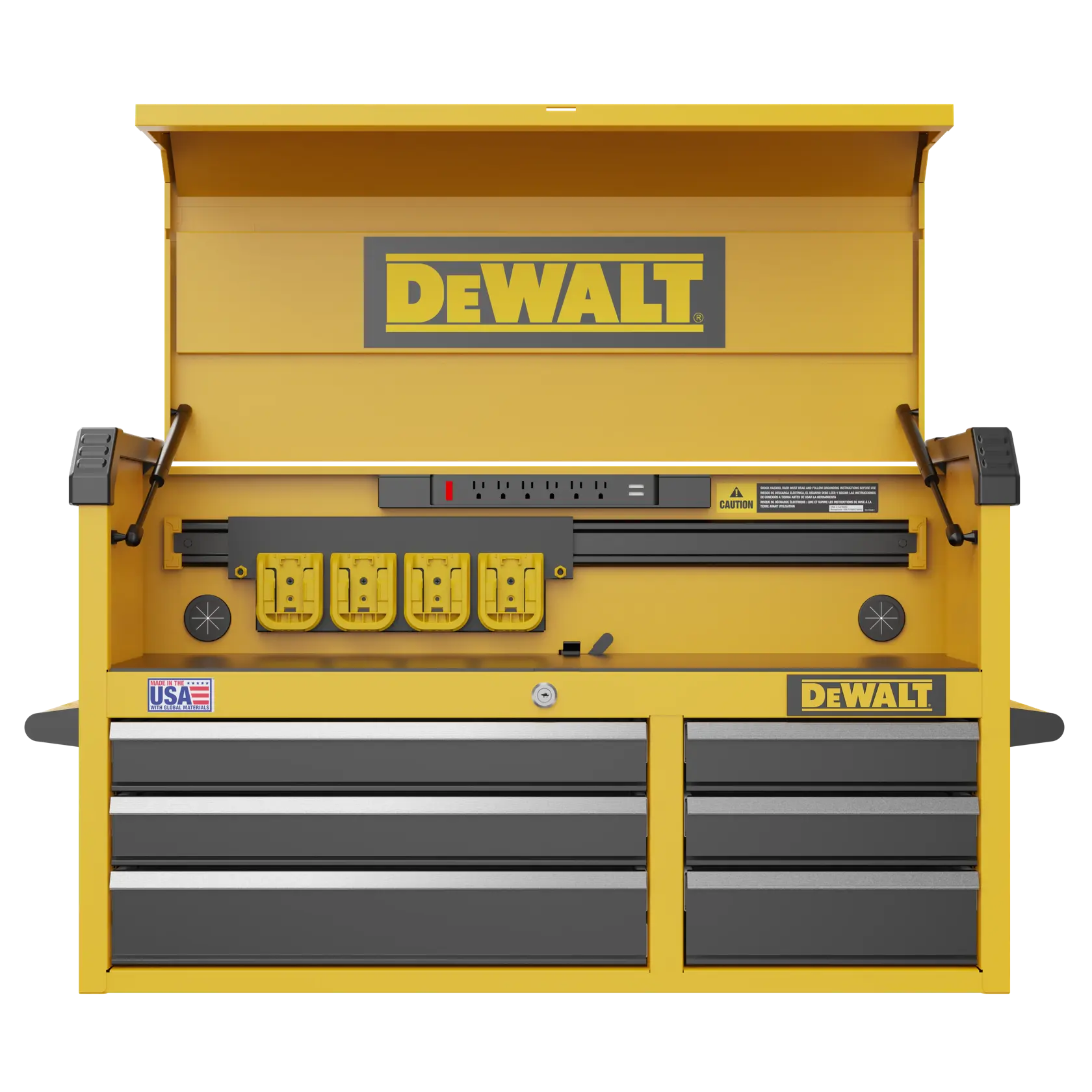 A yellow DEWALT-branded tool chest with an open lid, built-in electrical power strip and outlets, and multiple drawers for storage. The chest displays USA-made marking and has black and silver accents.