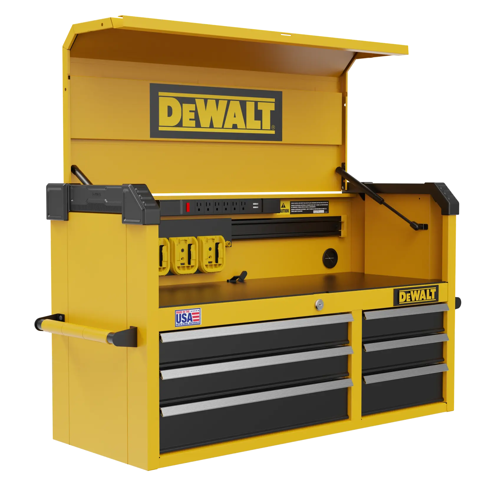 A yellow DEWALT tool chest with an open top compartment, several drawers, side handles, integrated power outlets, and a DEWALT logo on the front. The unit has a sturdy design and features a sticker indicating it is made in the USA.