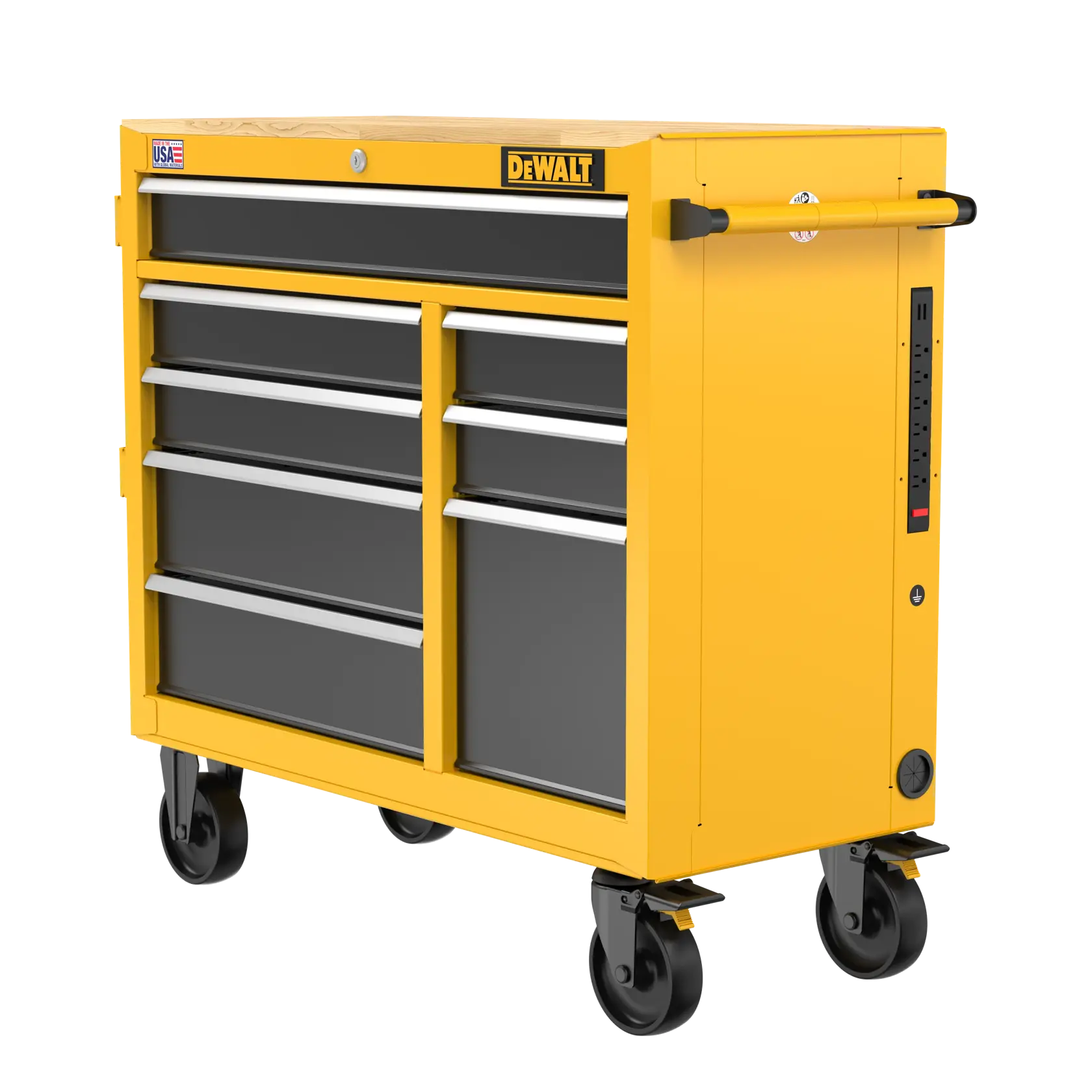 A yellow DEWALT rolling tool chest with multiple gray drawers, a wooden top surface, a side handle, and four caster wheels. There is a power strip attached to the side.