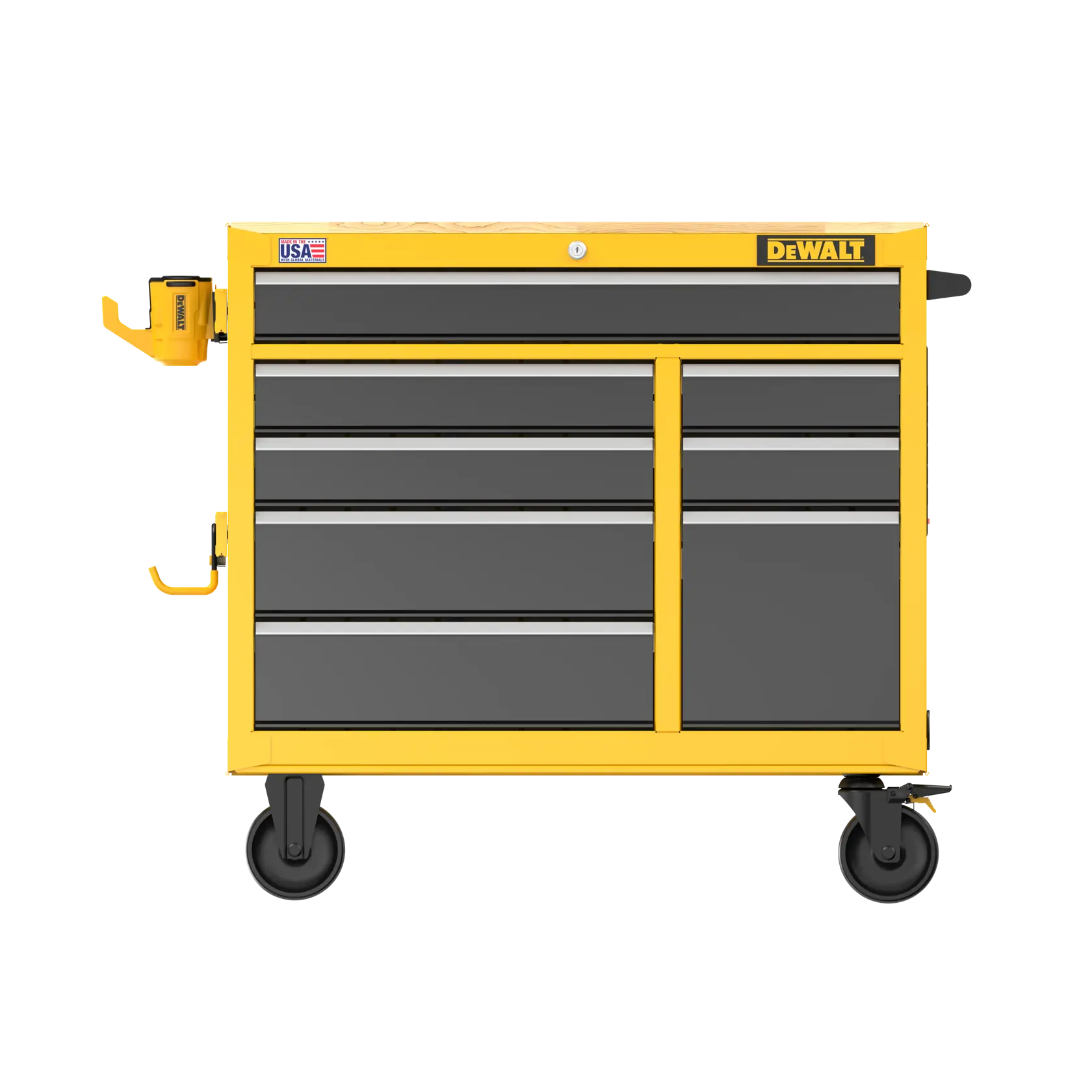 A DEWALT yellow and black rolling tool chest with multiple drawers, side handles, and cup holders, designed for organizing and storing tools. The chest has four wheels for mobility.