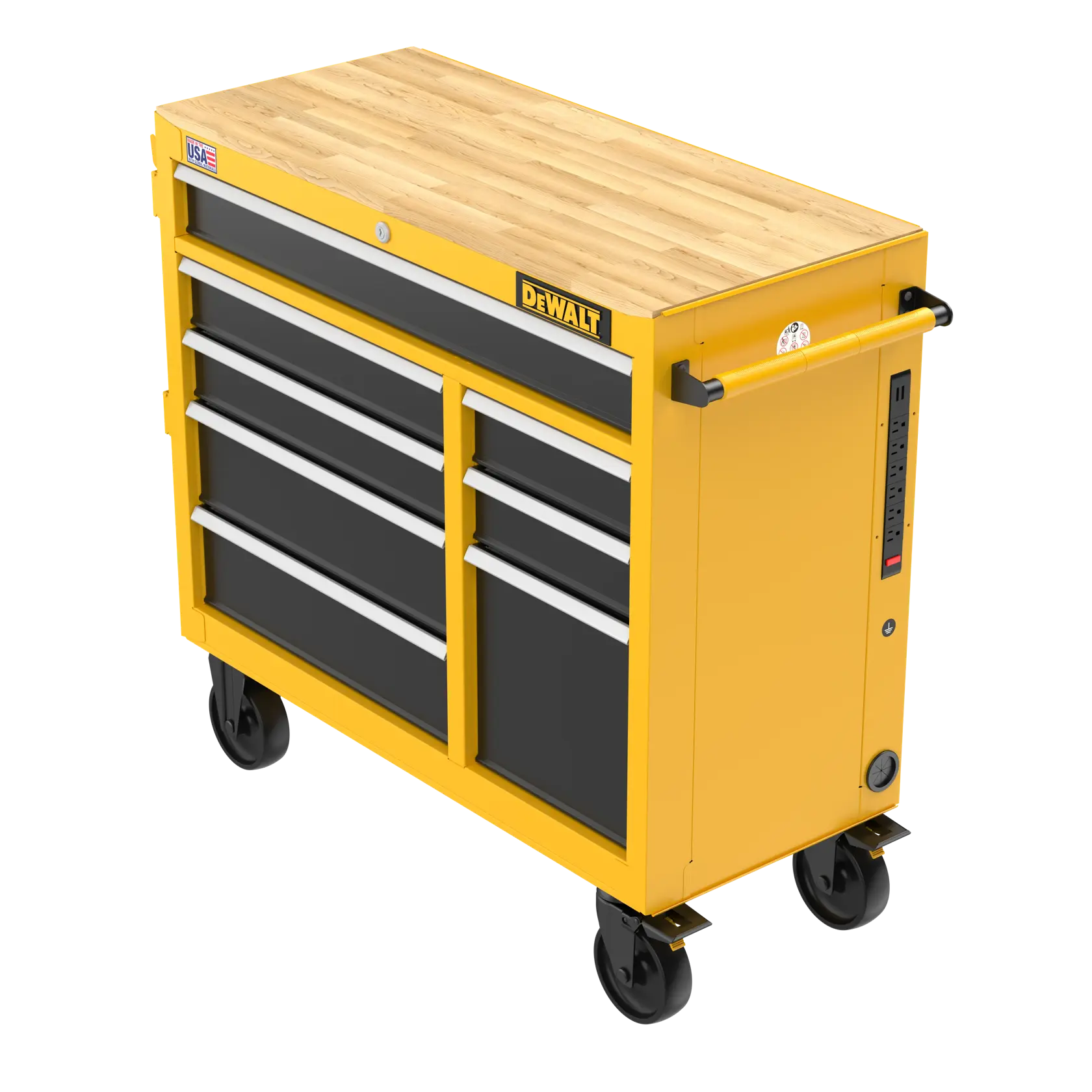 A yellow DEWALT rolling tool chest with a wooden top, multiple black drawers, handles on the side, casters for mobility, and a built-in power strip.