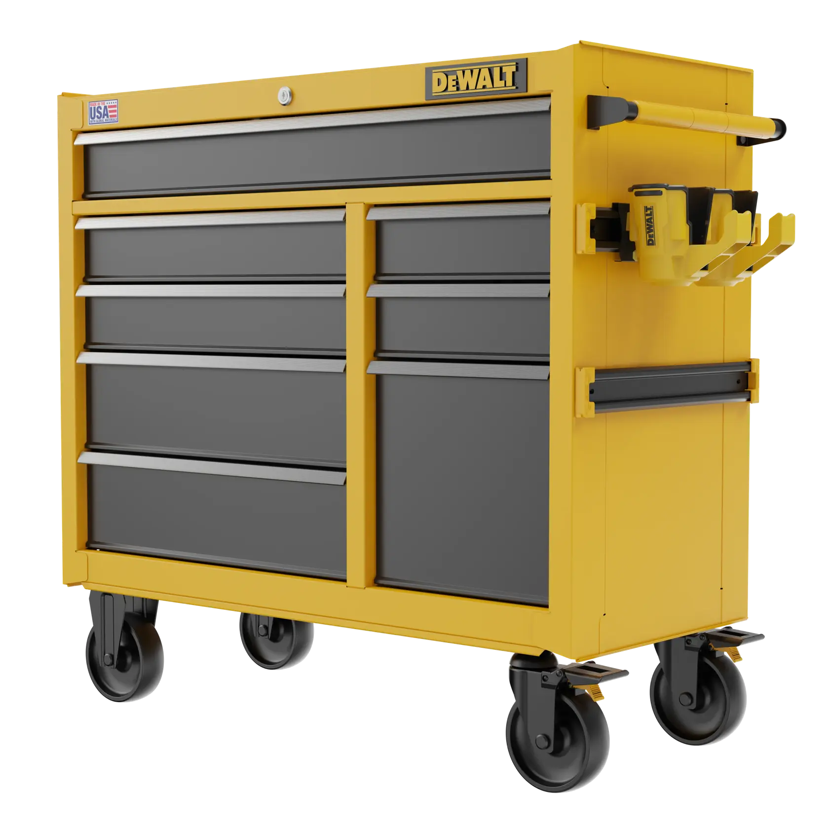 A yellow and black DEWALT rolling tool chest with multiple drawers and lockable compartments. The chest features large wheels for mobility and side attachments for tool organization.