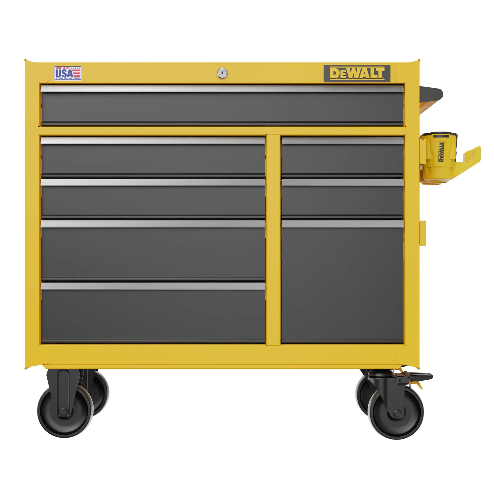 A yellow and black DEWALT rolling tool chest with multiple drawers and storage compartments. The chest has lockable wheels for mobility, a brand logo on the top right corner, and a cup holder attachment on the right side.