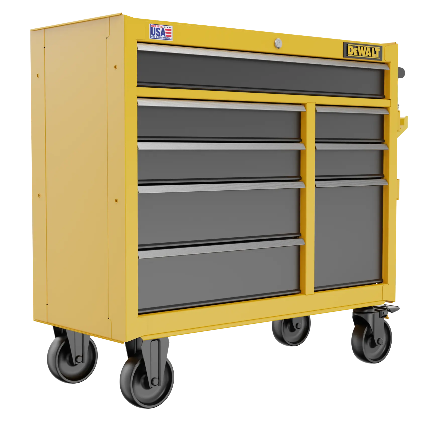 A yellow and gray DEWALT rolling tool chest with seven drawers and four large wheels, suitable for workshop or garage storage.