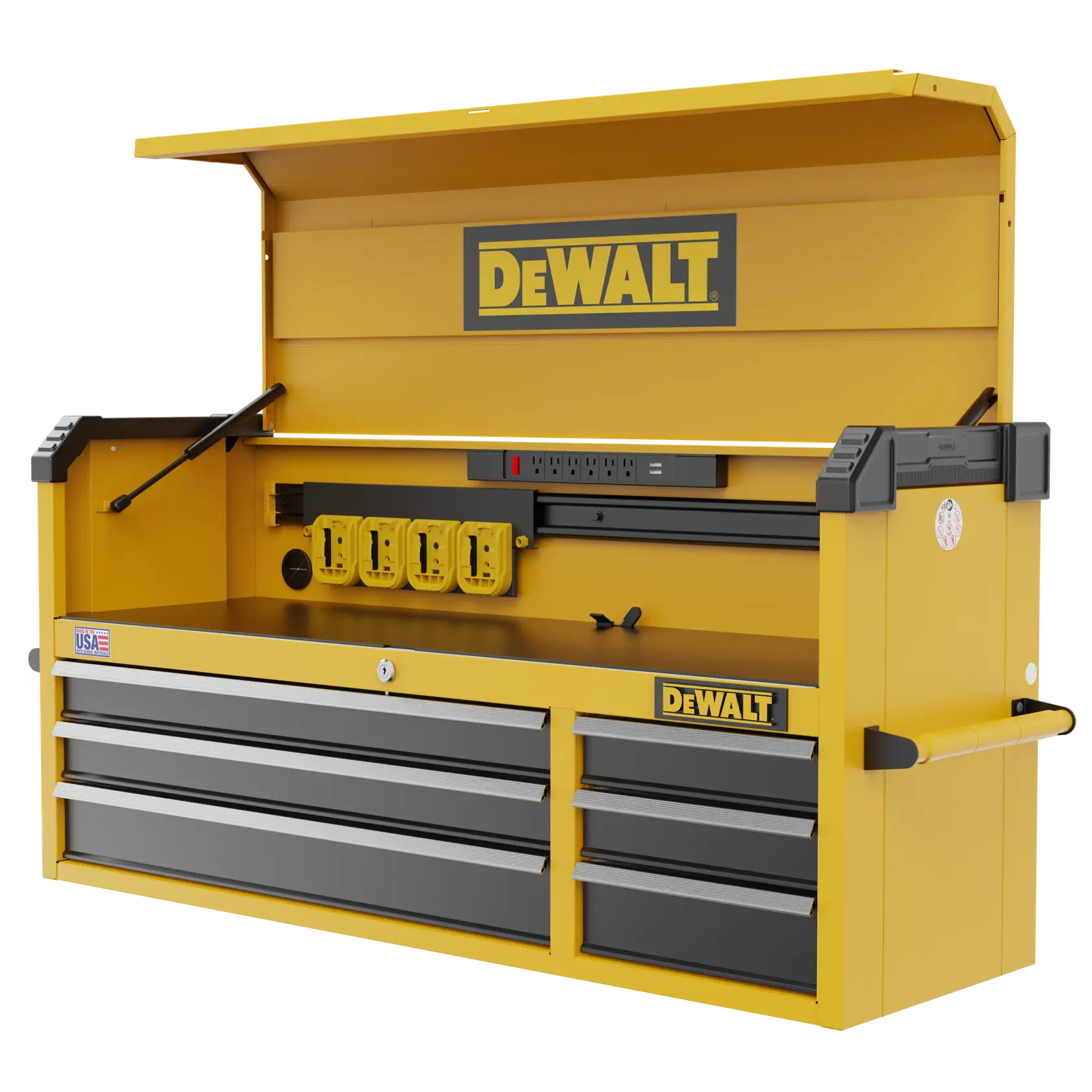 A yellow DEWALT tool chest with multiple drawers, a hinged top lid that is open, built-in power outlets, and handles on the sides.
