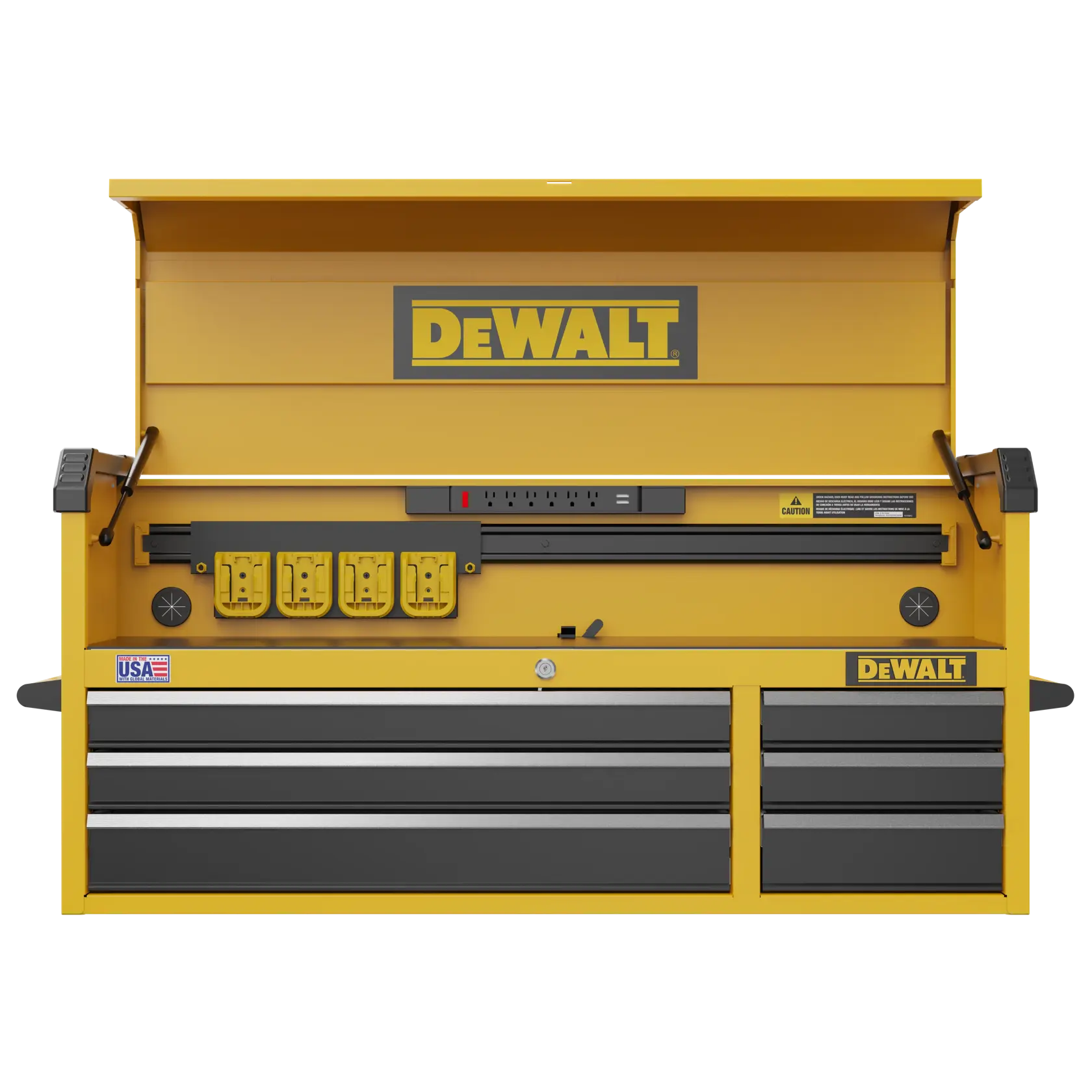 Front view of a yellow DEWALT tool storage chest with an open lid. The chest features multiple drawers at the bottom, a central lock, electrical outlets, power strip, and DEWALT branding. Made in the USA.
