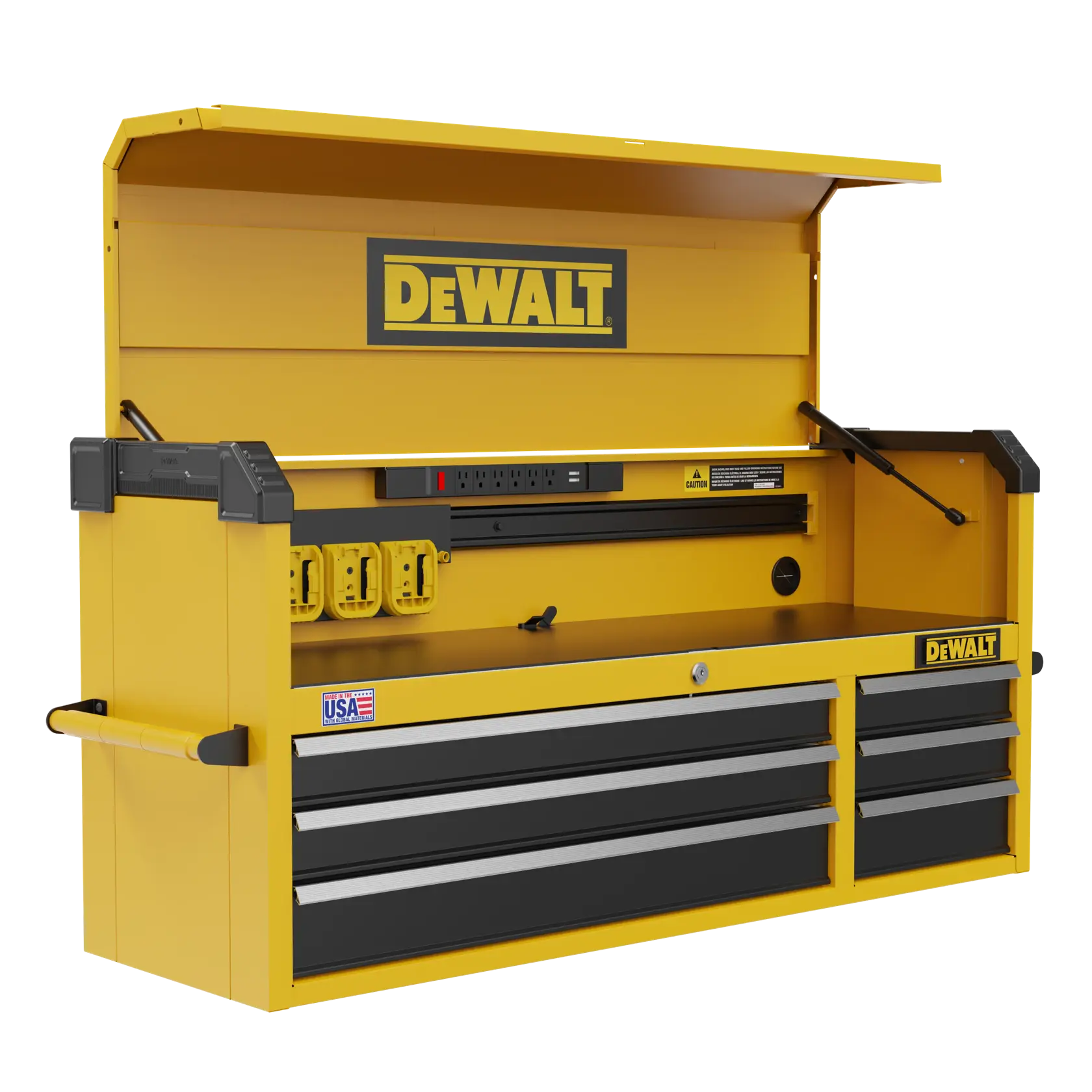 A yellow DEWALT tool storage chest with multiple drawers, an open lid, built-in power outlets, and a work surface. The chest features the DEWALT logo and is made in the USA.