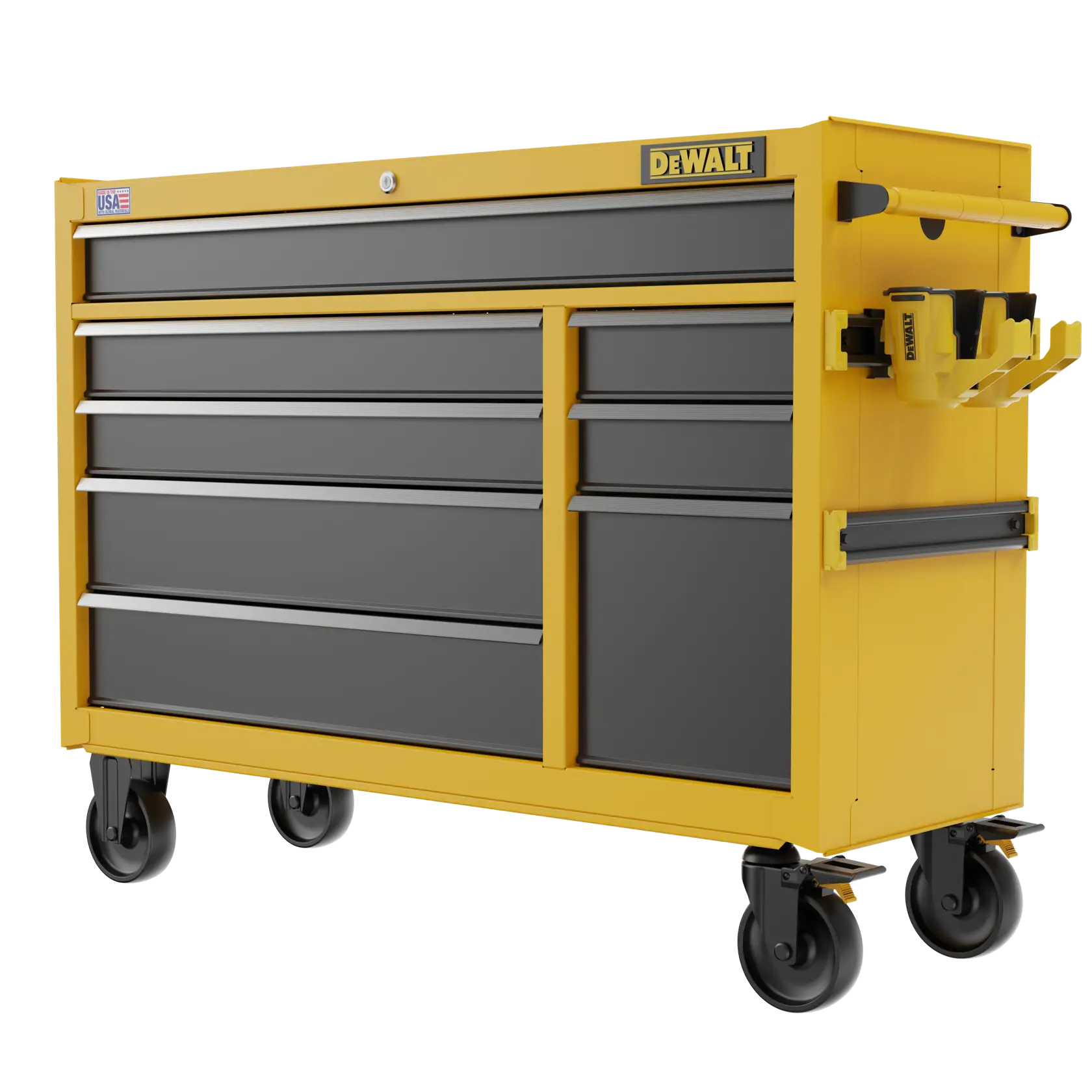 Yellow and black rolling tool chest with multiple drawers, locking mechanism, DEWALT branding, side handles, and tool holders, mounted on four caster wheels.