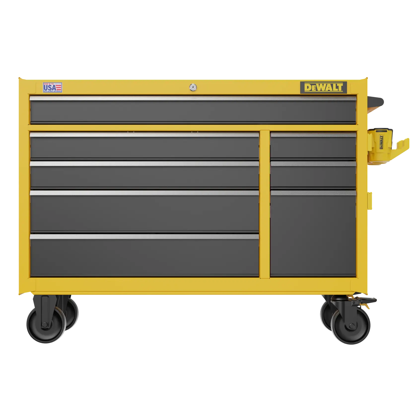 A DEWALT yellow and black rolling tool chest with multiple drawers and locking wheels, designed for storing and organizing tools. It features a USA label and DEWALT branding on the front.