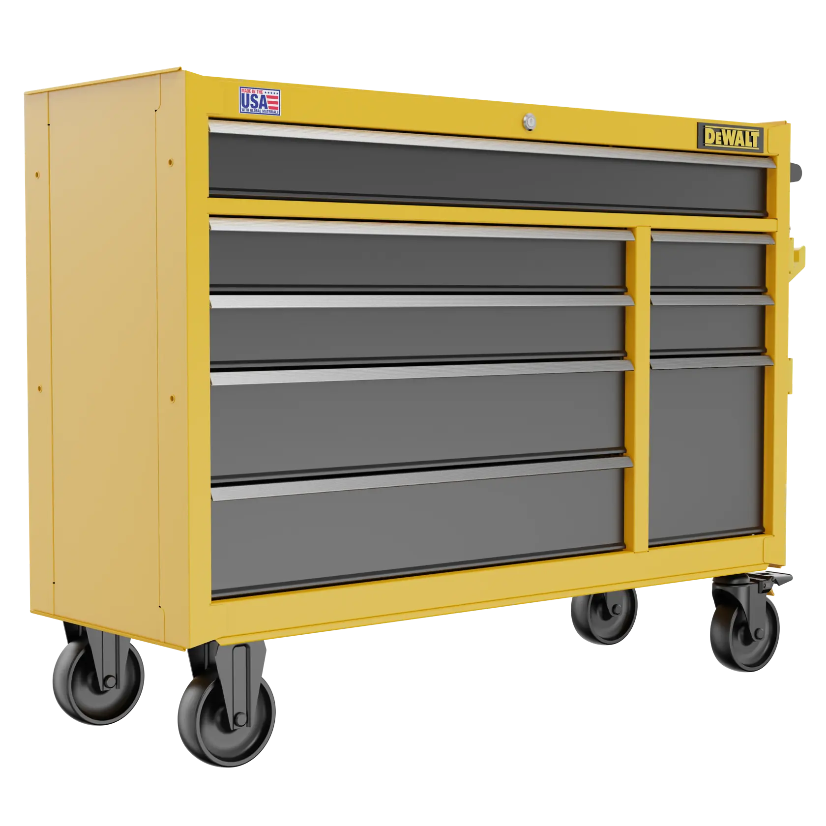 A yellow and gray DEWALT rolling tool chest with multiple drawers and four wheels, used for storage and organization of tools.
