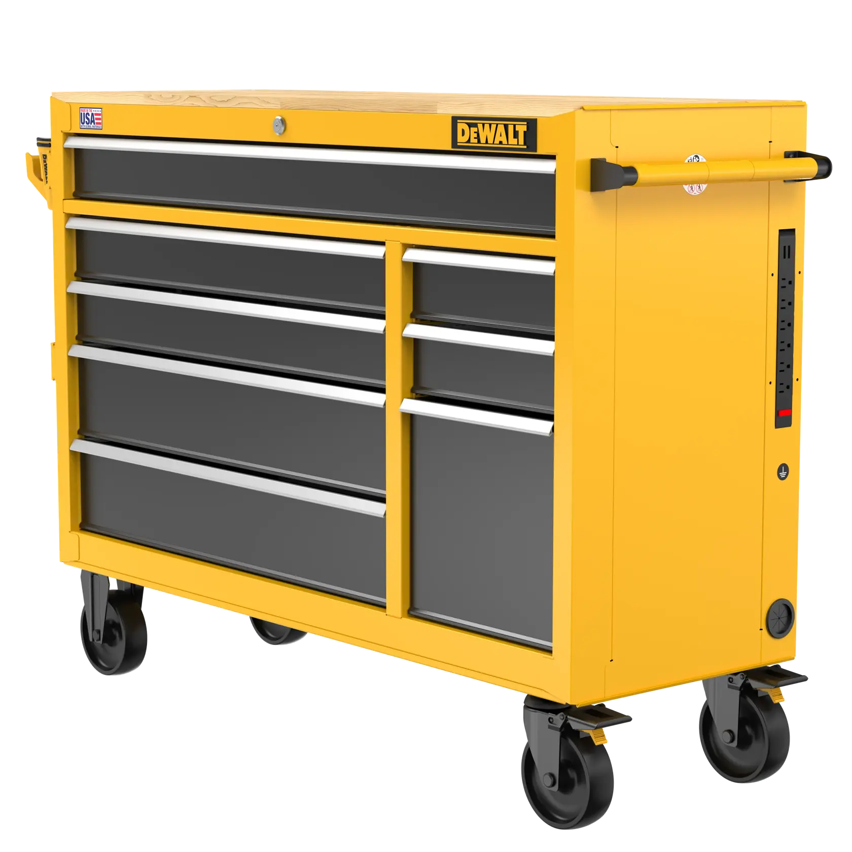 A yellow DEWALT rolling tool chest with multiple drawers, a wooden top, side handle, built-in power strip, and four caster wheels. The chest features both large and small storage drawers and is designed for organizing tools in workshops or garages.