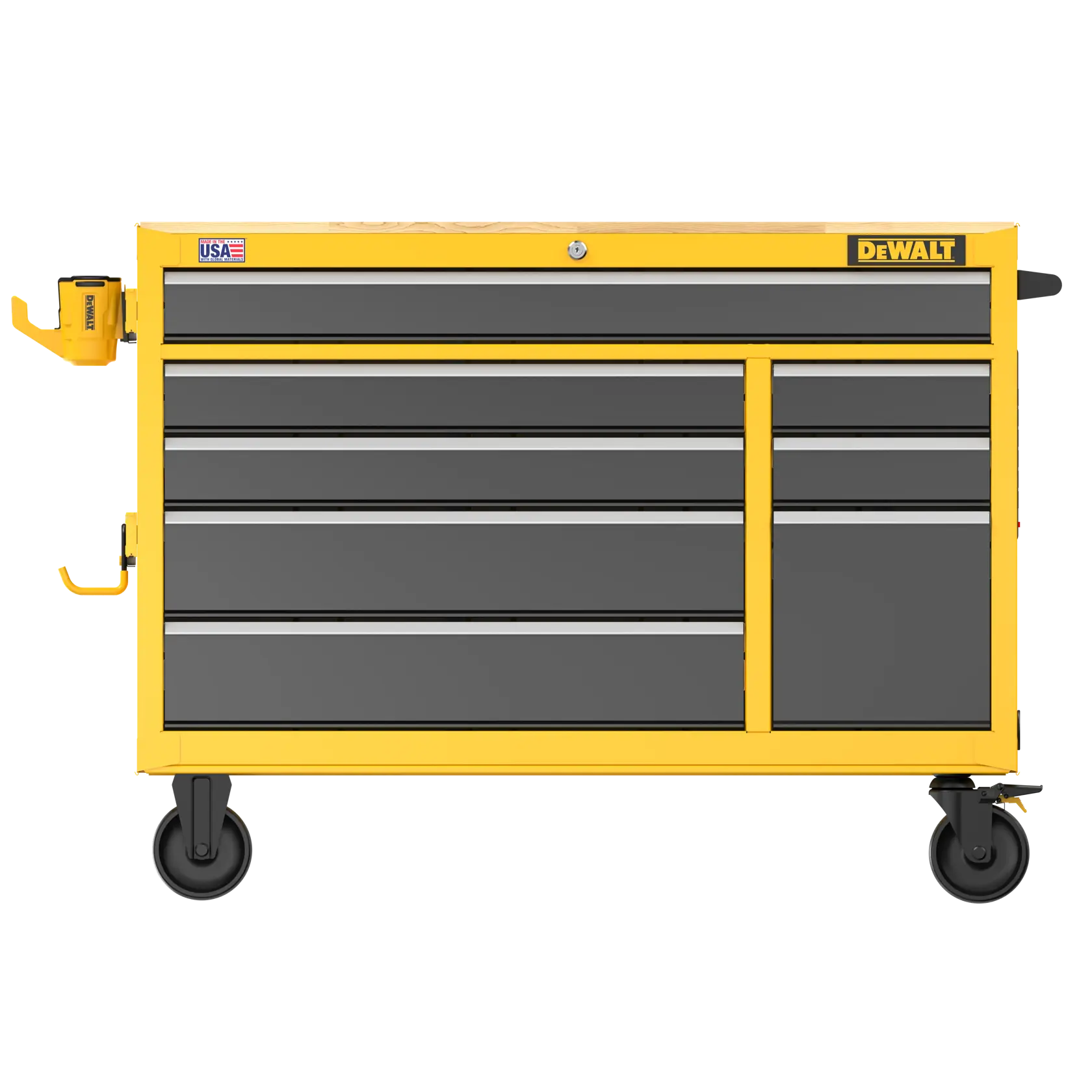 A DEWALT tool chest with a yellow frame and multiple gray storage drawers, featuring wheels for mobility and additional holders attached on the side.