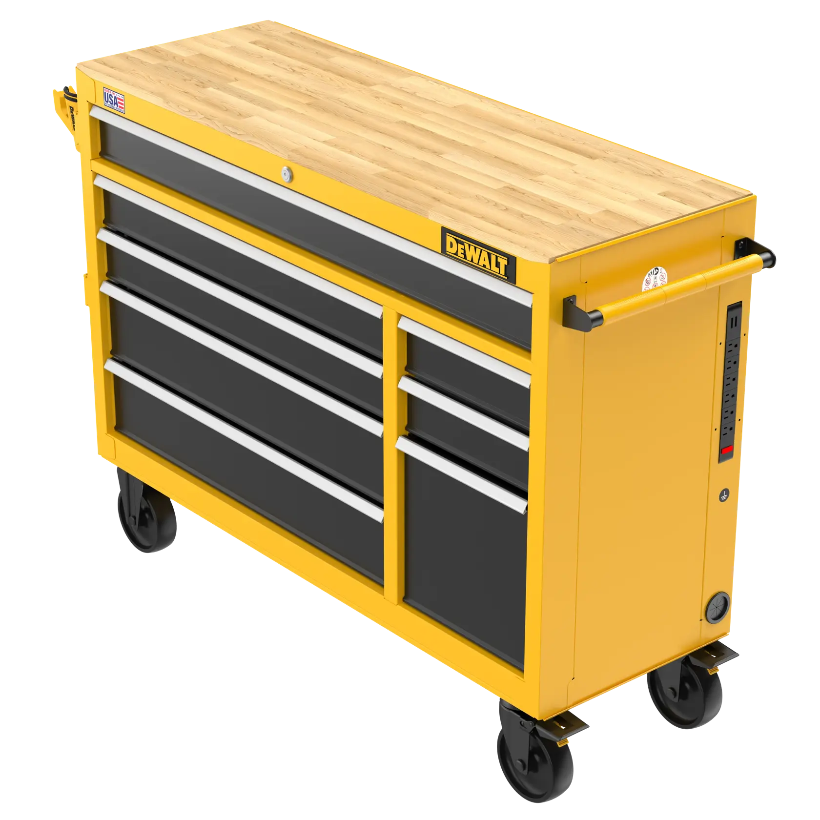 A DEWALT branded yellow rolling tool chest with a wooden worktop, several black drawers with silver handles, caster wheels, and a side handle. There is also a built-in power strip on the side.