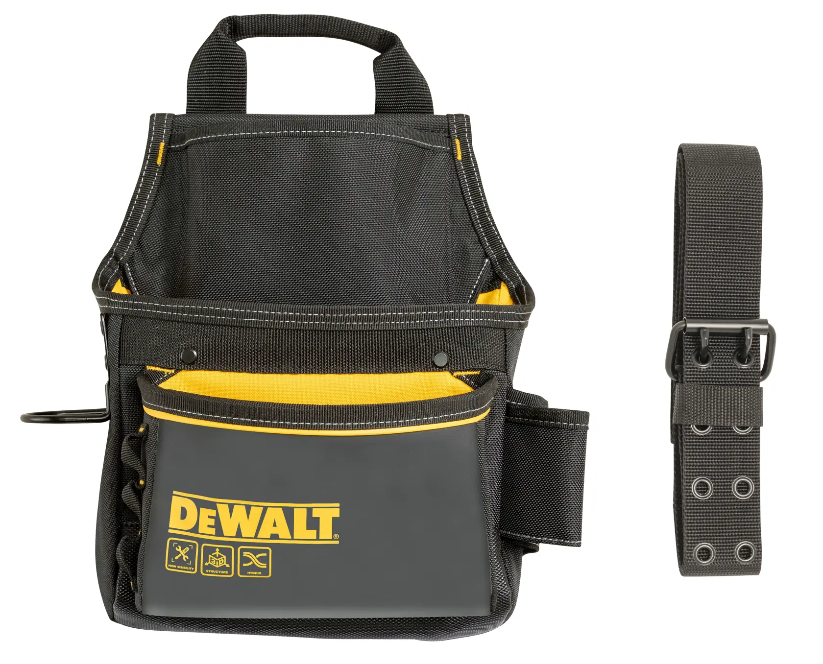 A black and yellow DEWALT tool pouch with multiple pockets and a separate adjustable belt, designed for carrying tools and accessories.