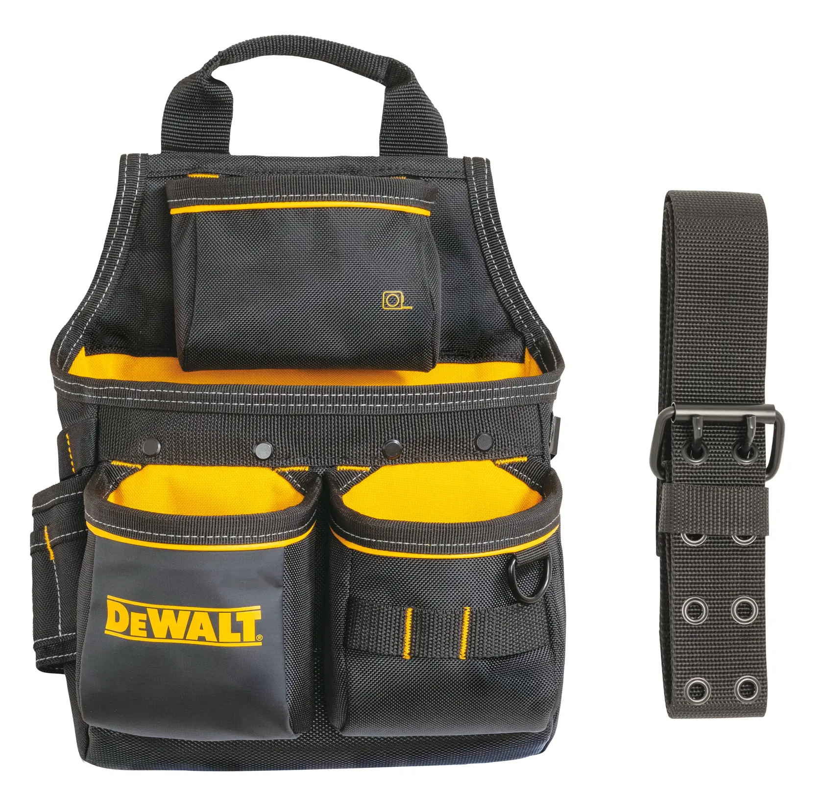 A black and yellow DEWALT tool pouch with multiple pockets and compartments, shown with a detachable adjustable belt.