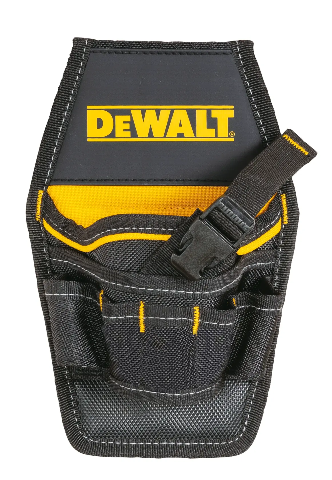 A black and yellow DEWALT tool holster with multiple pockets and a strap buckle, designed to hold tools and accessories.