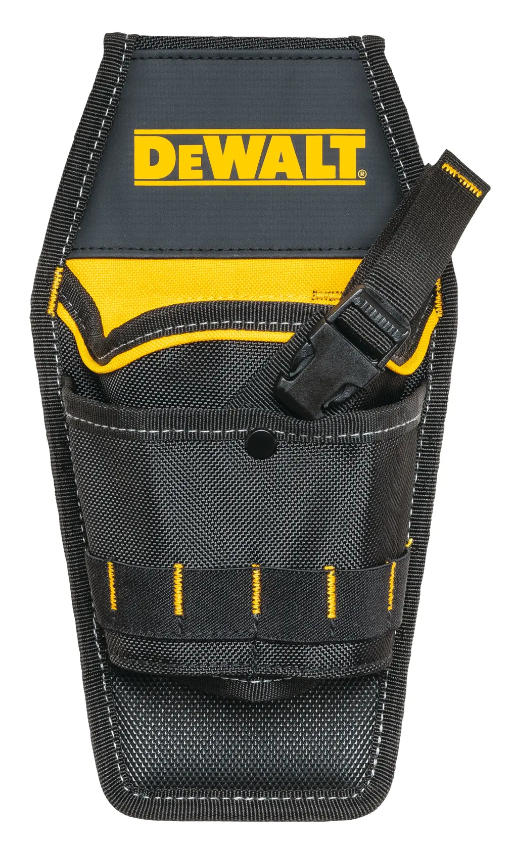 A DEWALT branded black and yellow tool holster with multiple pockets and a strap for securing tools, made from durable fabric.