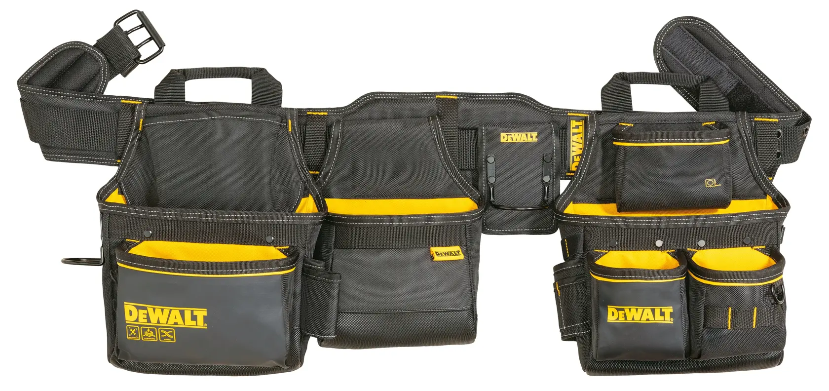 DEWALT black and yellow tool belt with multiple pockets, pouches, and loops for organizing tools.