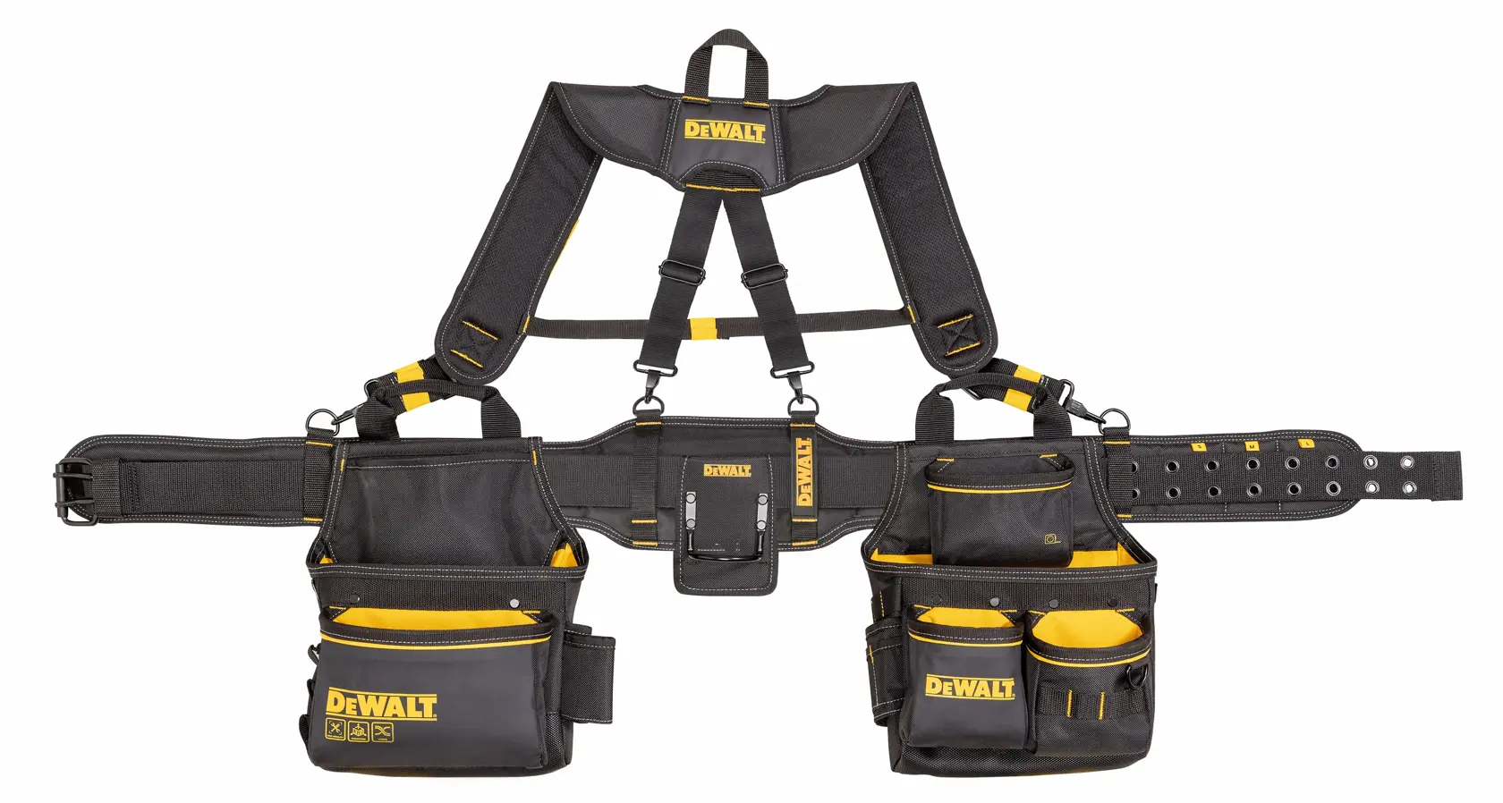 A black and yellow DEWALT tool belt and harness set with multiple pockets and compartments for organizing tools, designed for comfortable wear and heavy-duty use.