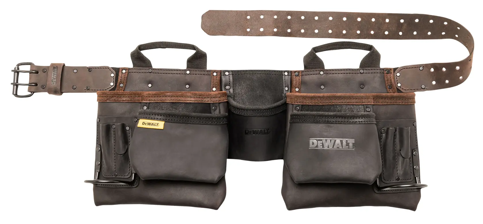 A DEWALT leather tool belt with multiple pockets and compartments for holding tools, featuring a sturdy adjustable strap and two handles.