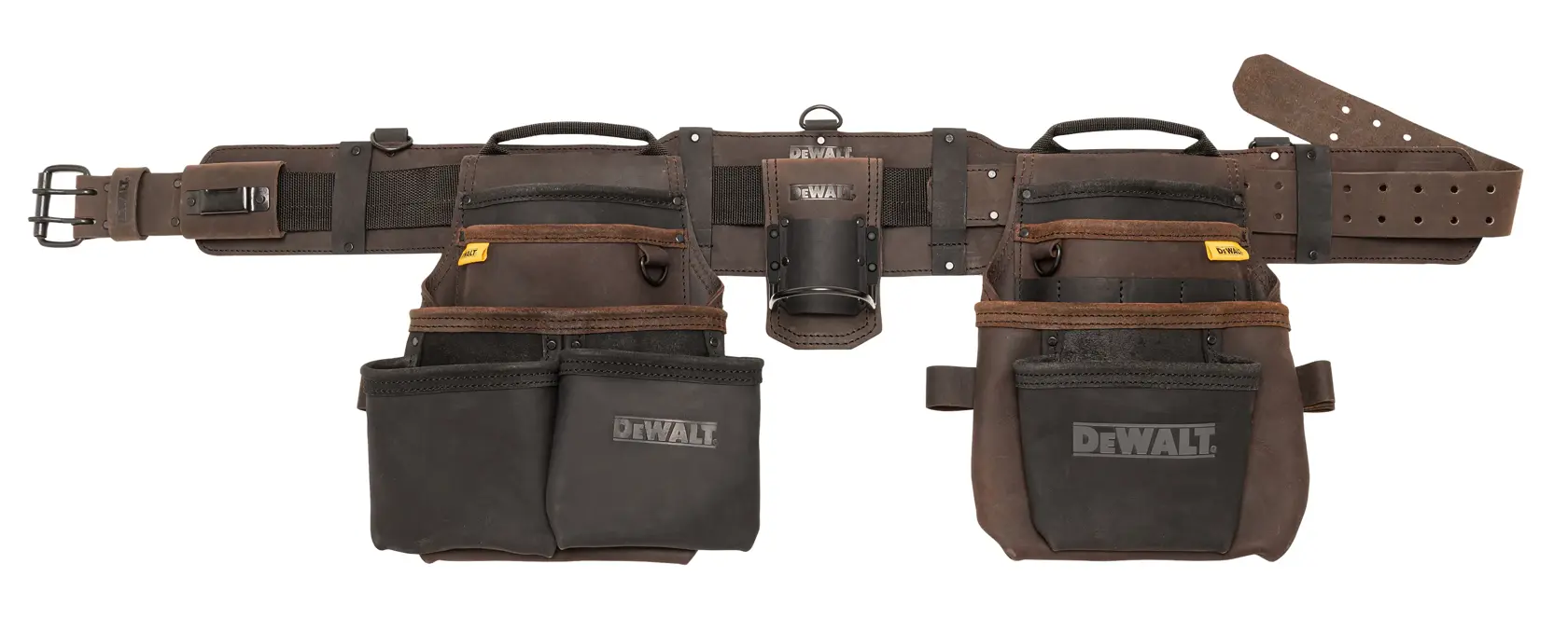 A DEWALT branded leather tool belt with multiple pockets and compartments designed for storing tools and accessories.