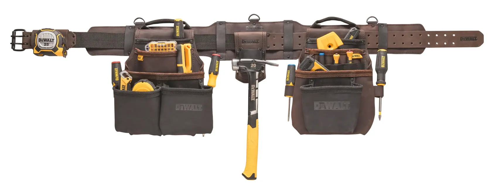 A DEWALT leather tool belt with multiple pockets and compartments, filled with various hand tools such as screwdrivers, a hammer, a measuring tape, and a utility knife, organized for easy access.
