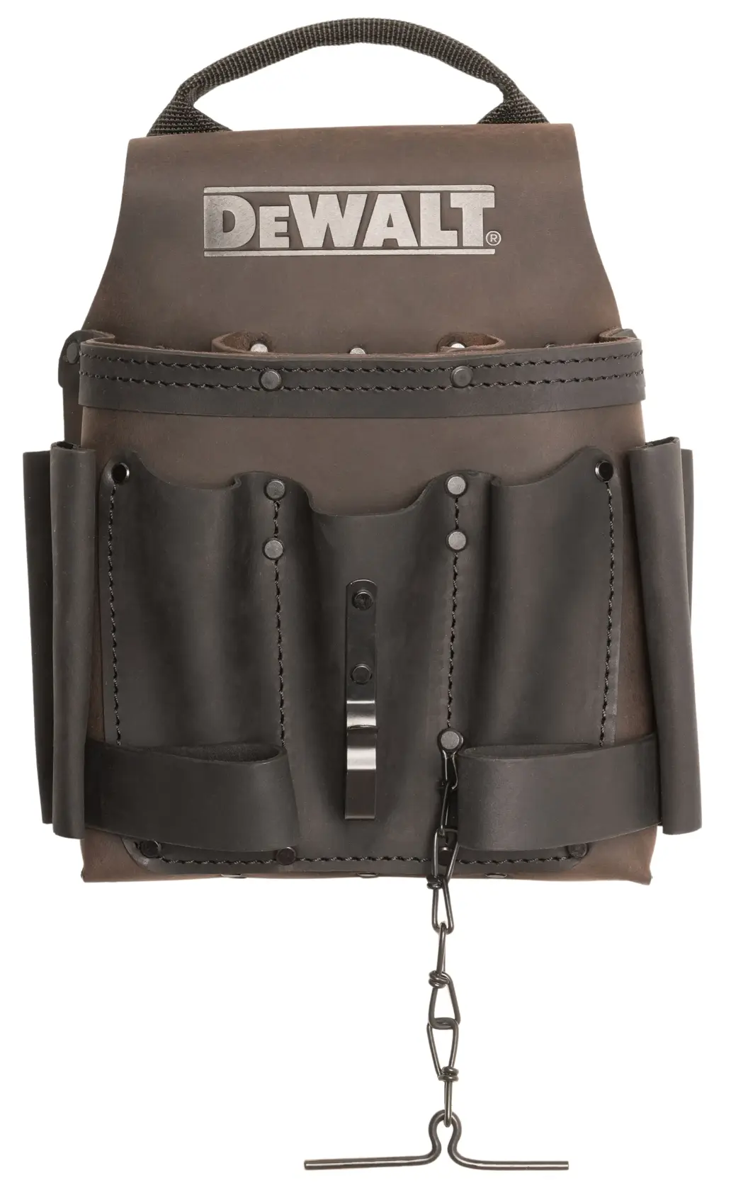 A DEWALT branded leather tool pouch with multiple compartments and holders, including a chain for holding tools. The pouch is designed for carrying various hand tools and accessories and features a sturdy handle on top.