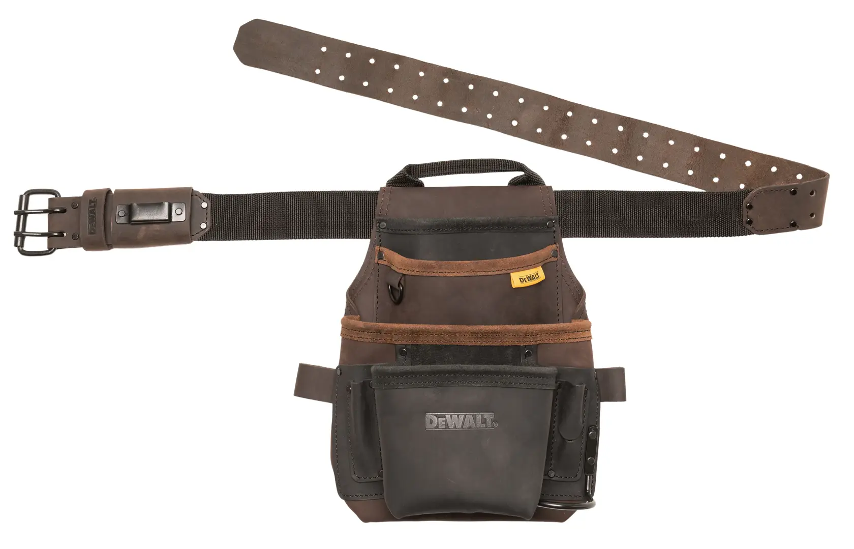 A brown DEWALT branded tool belt pouch with multiple compartments and pockets for carrying tools, featuring a sturdy adjustable belt with holes and a metal buckle.