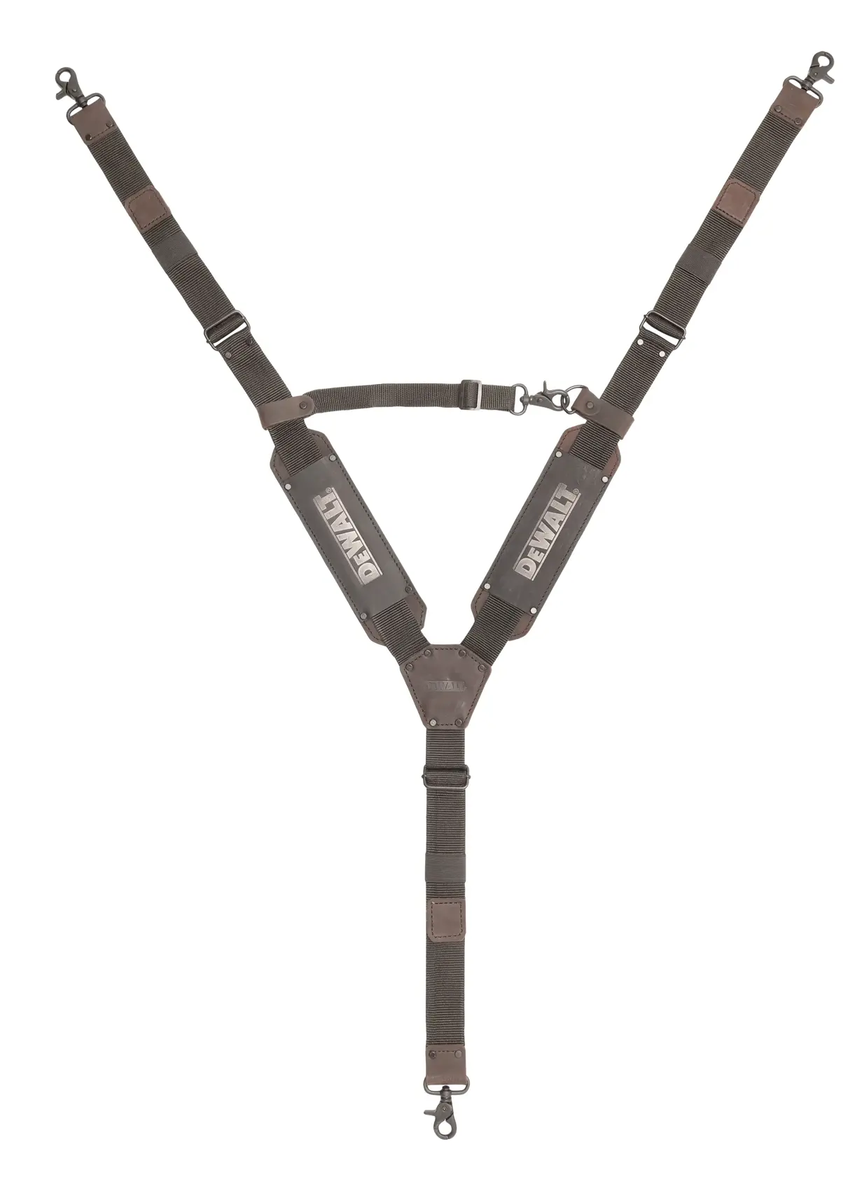 A black and brown adjustable tool belt suspenders harness with metal clips and padding, branded with the DEWALT logo.