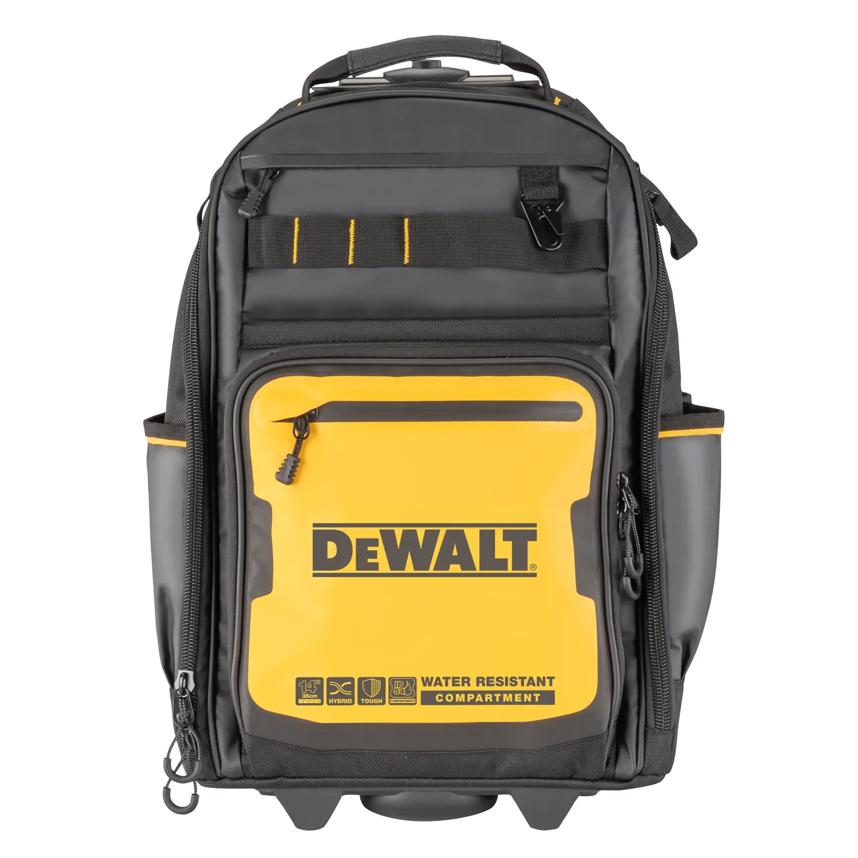 A black and yellow DEWALT branded backpack with multiple zippered compartments and side pockets. The front features a water-resistant compartment and visible DEWALT logo.