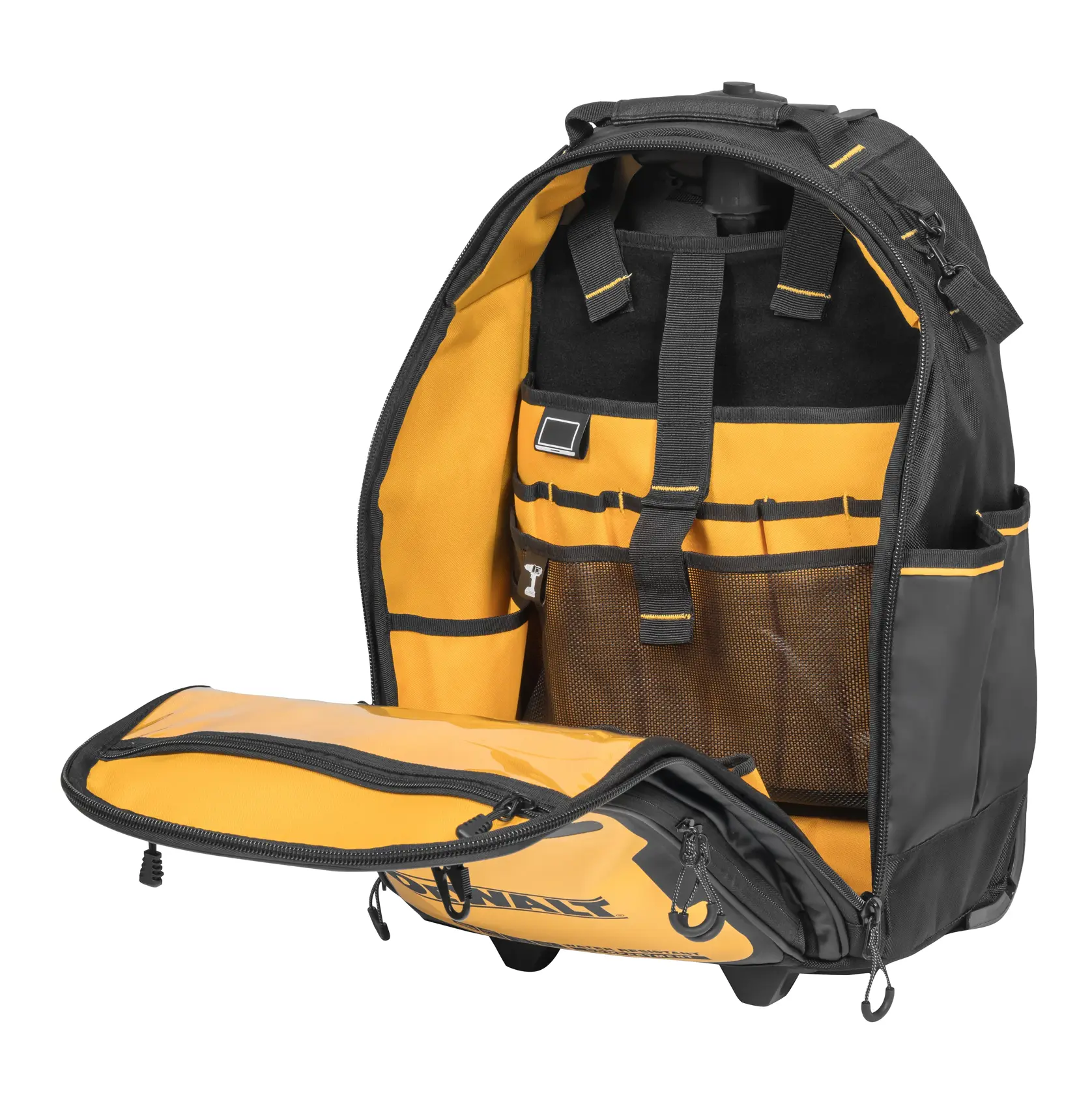 A DEWALT black and yellow tool backpack is shown with its front compartment open, displaying multiple organized pockets and loops for tools and equipment storage.