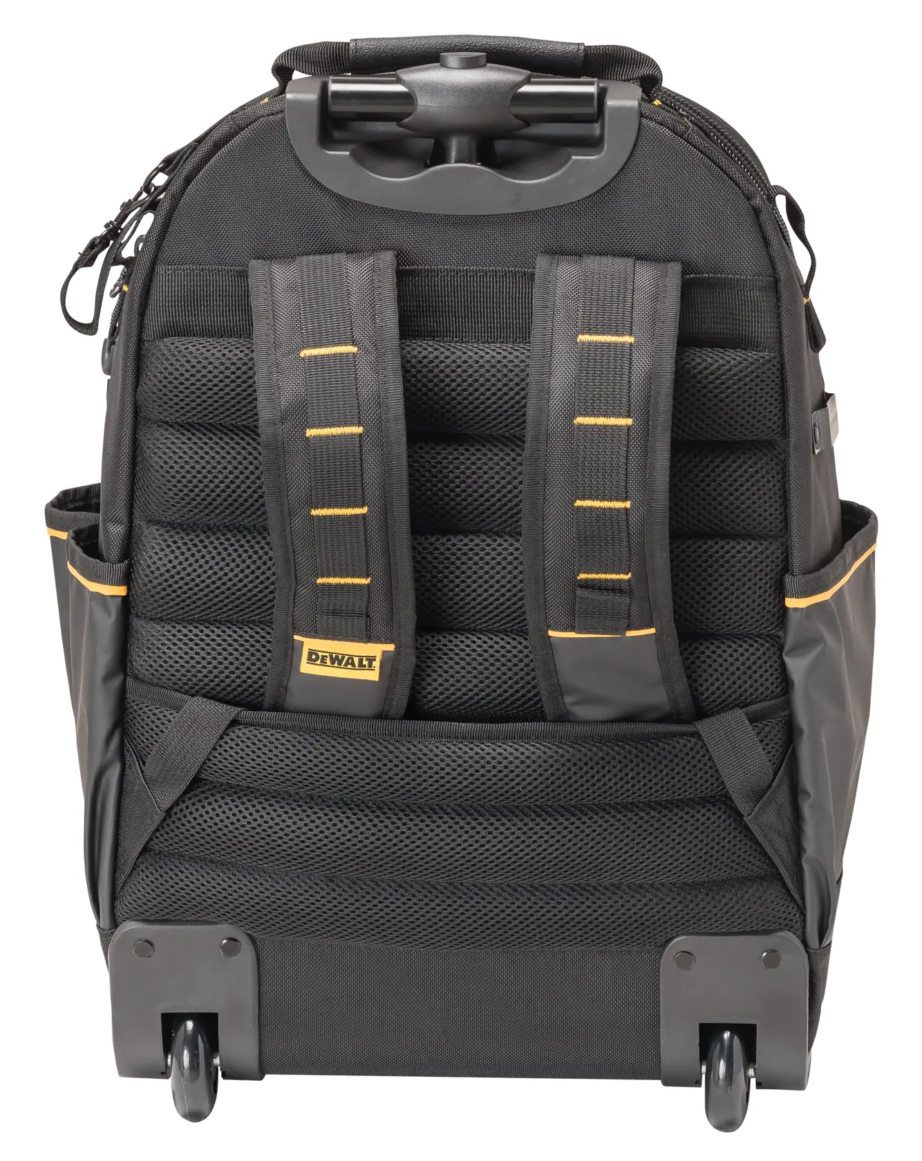A DEWALT black rolling backpack with padded shoulder straps, mesh back panel, utility pockets on both sides, and sturdy wheels for easy transport.