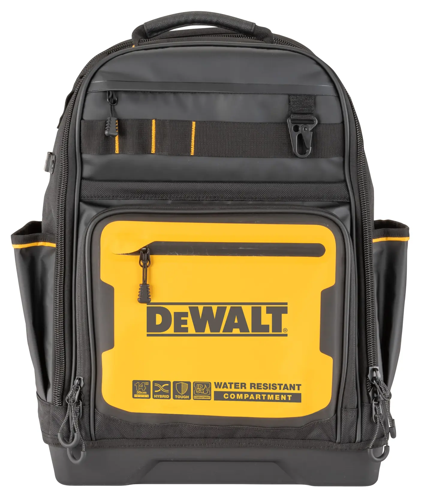 A DEWALT black and yellow backpack with multiple compartments, side pockets, and a water-resistant front compartment. The front displays the DEWALT logo and icons for hybrid, touch, and a 14-inch device, emphasizing durability and functionality.