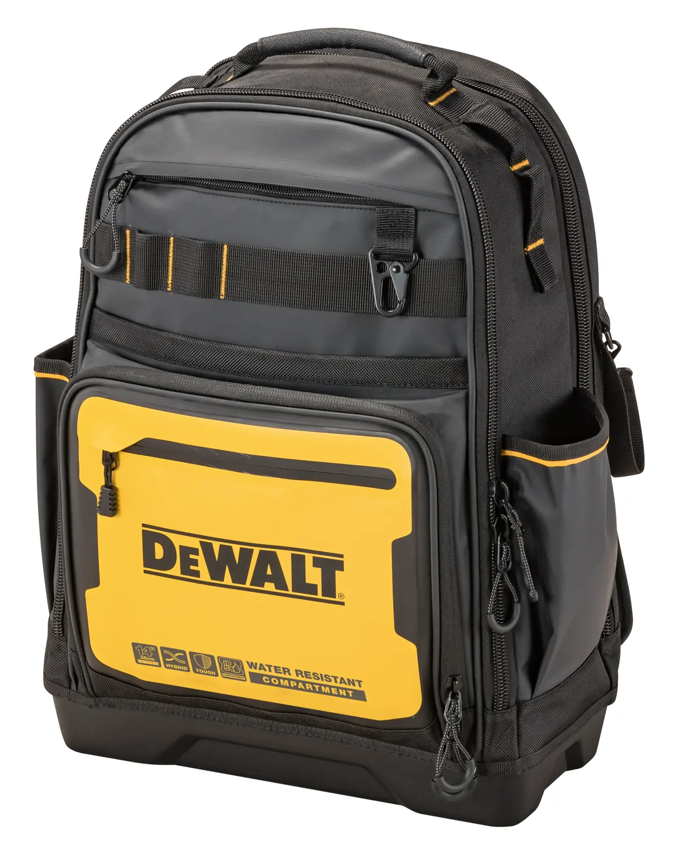 A DEWALT branded black and yellow tool backpack with multiple zippered compartments, featuring a front water-resistant compartment and various organizers for tools.