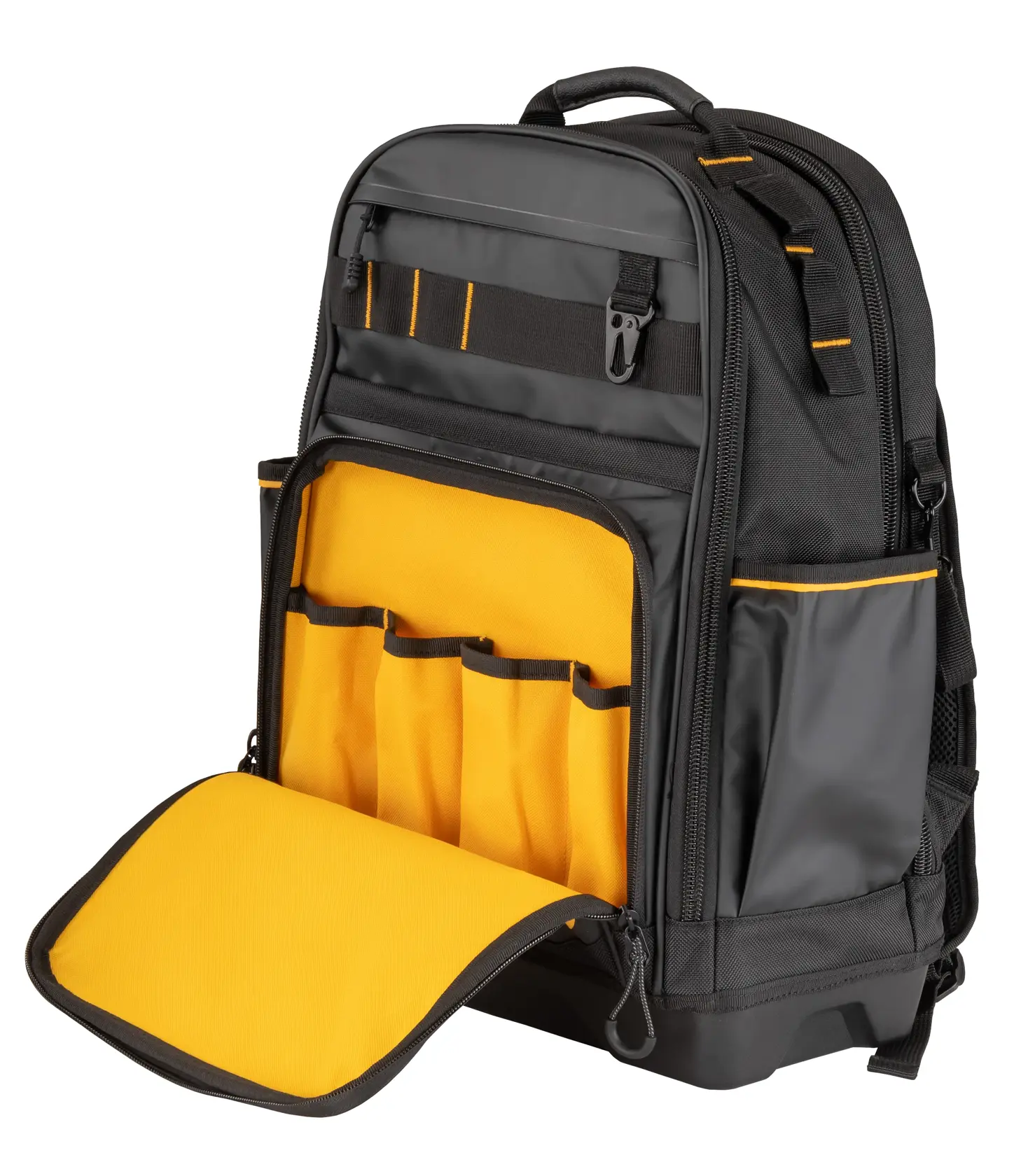 A black and yellow DEWALT backpack with multiple compartments and pockets, including an open front section showing tool holders inside.