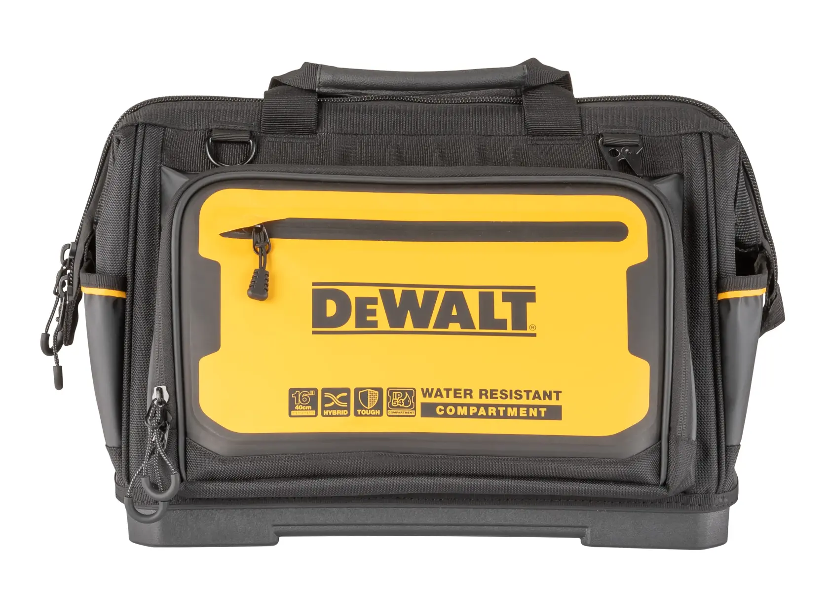 A DEWALT branded black and yellow tool bag with a water resistant compartment, visible zippers, carrying handles, and reinforced base.