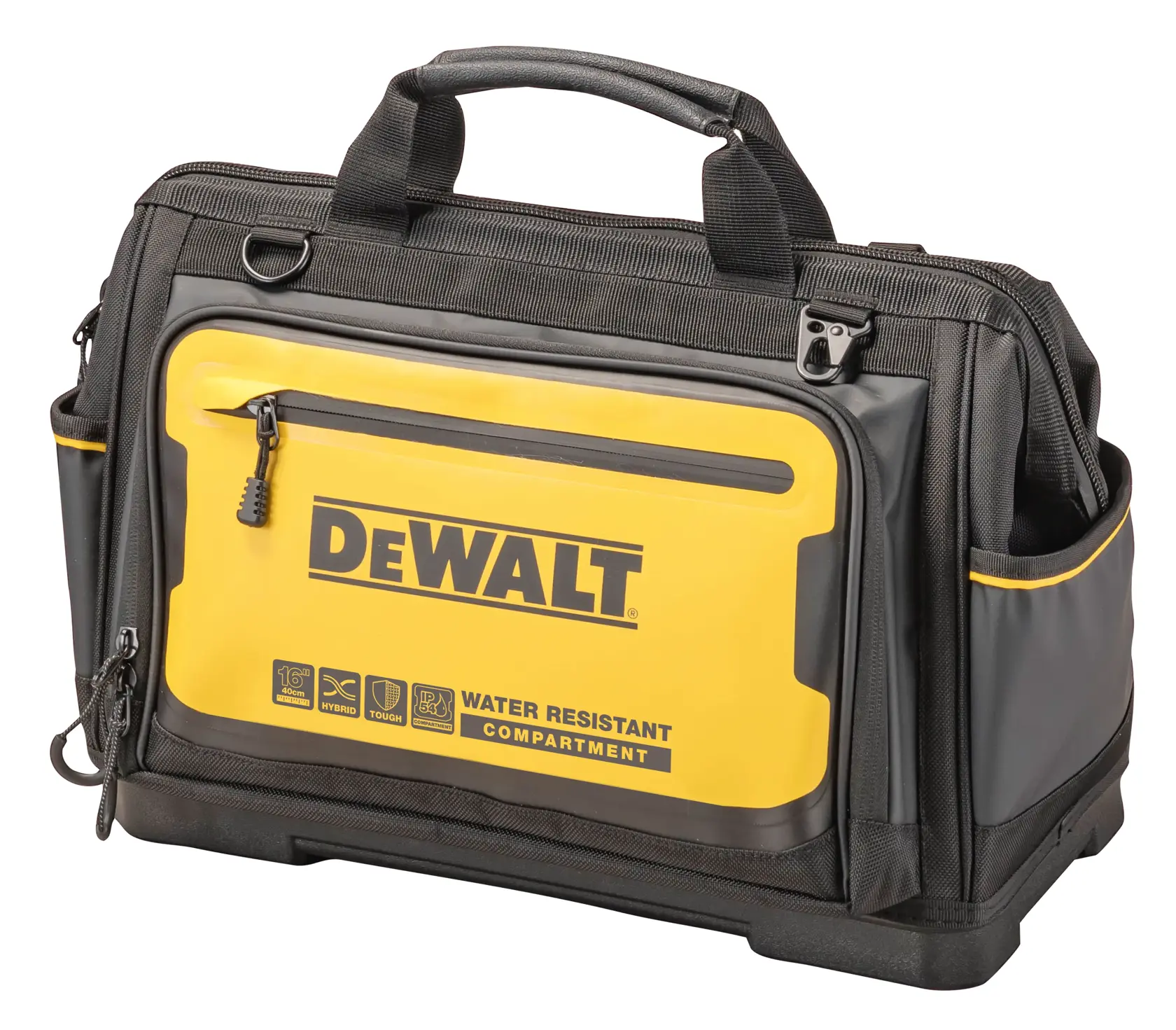 A DEWALT branded tool bag with a yellow and black design, featuring a water resistant compartment, side pockets, and sturdy handles.