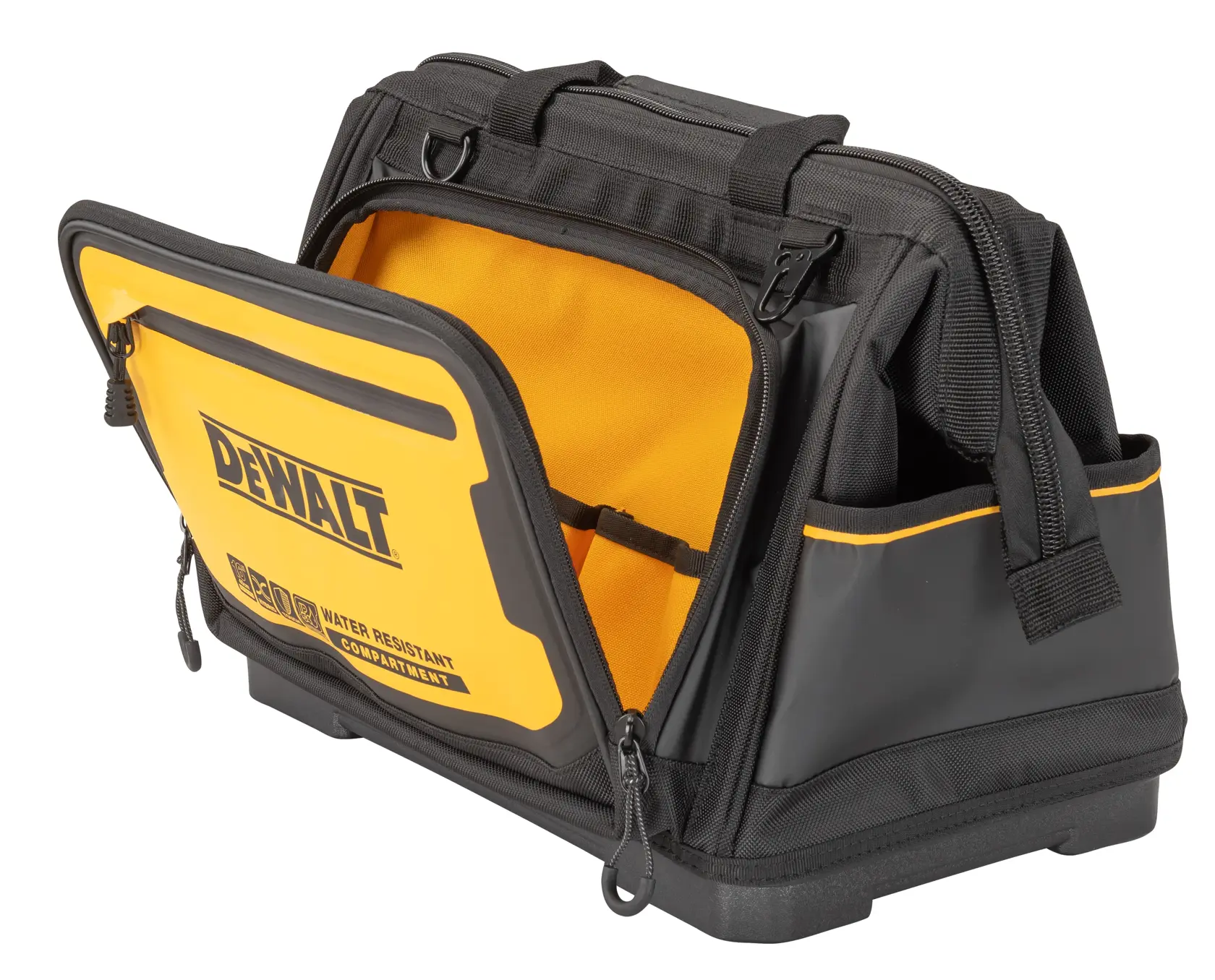 A DEWALT branded black and yellow tool bag with a water-resistant compartment. The bag is shown with the front pocket open, revealing interior storage sections. It has handles, side pockets, and zippers for secure storage.
