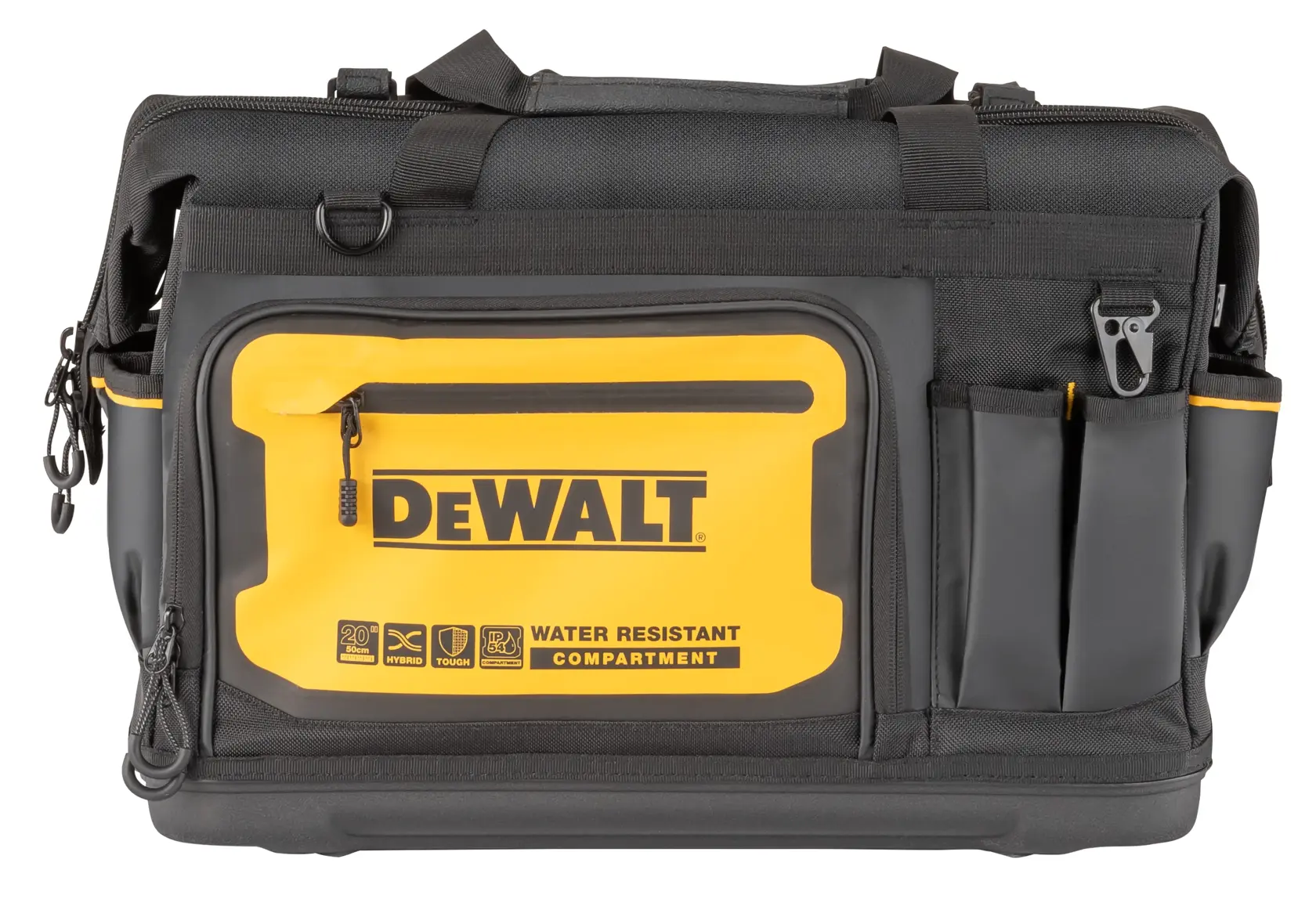 A DEWALT branded black and yellow tool bag with a water-resistant compartment, multiple pockets, and a zipper closure.