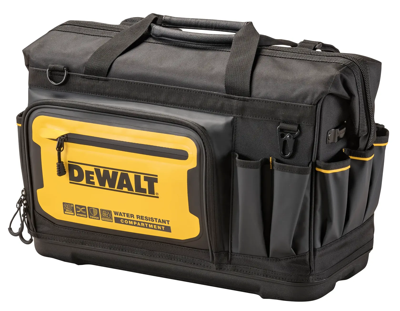 A DEWALT branded black and yellow tool bag with multiple pockets, a water-resistant front compartment, and sturdy handles, suitable for carrying and organizing tools.
